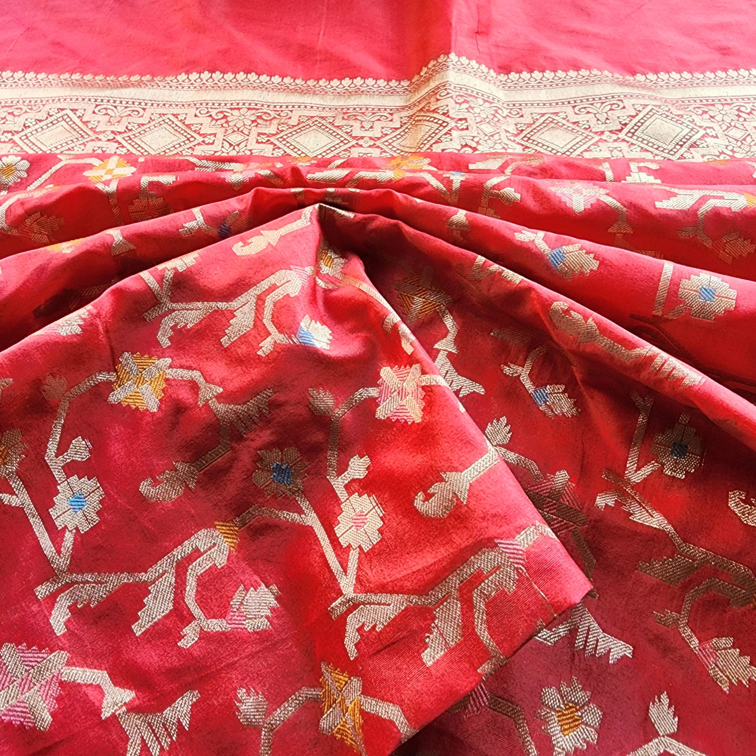 Golden Grid Banarasi Silk Dupatta with Meenakari Work in Brick Red