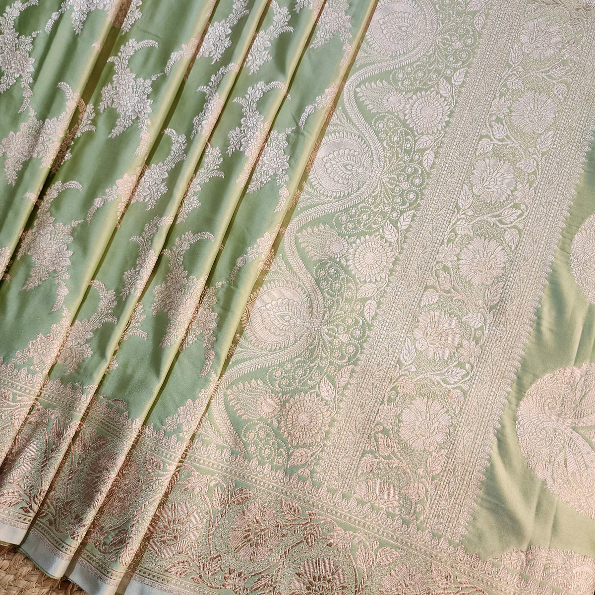 Olive Green Banarasi Katan Silk Saree with Floral Vine Jaal