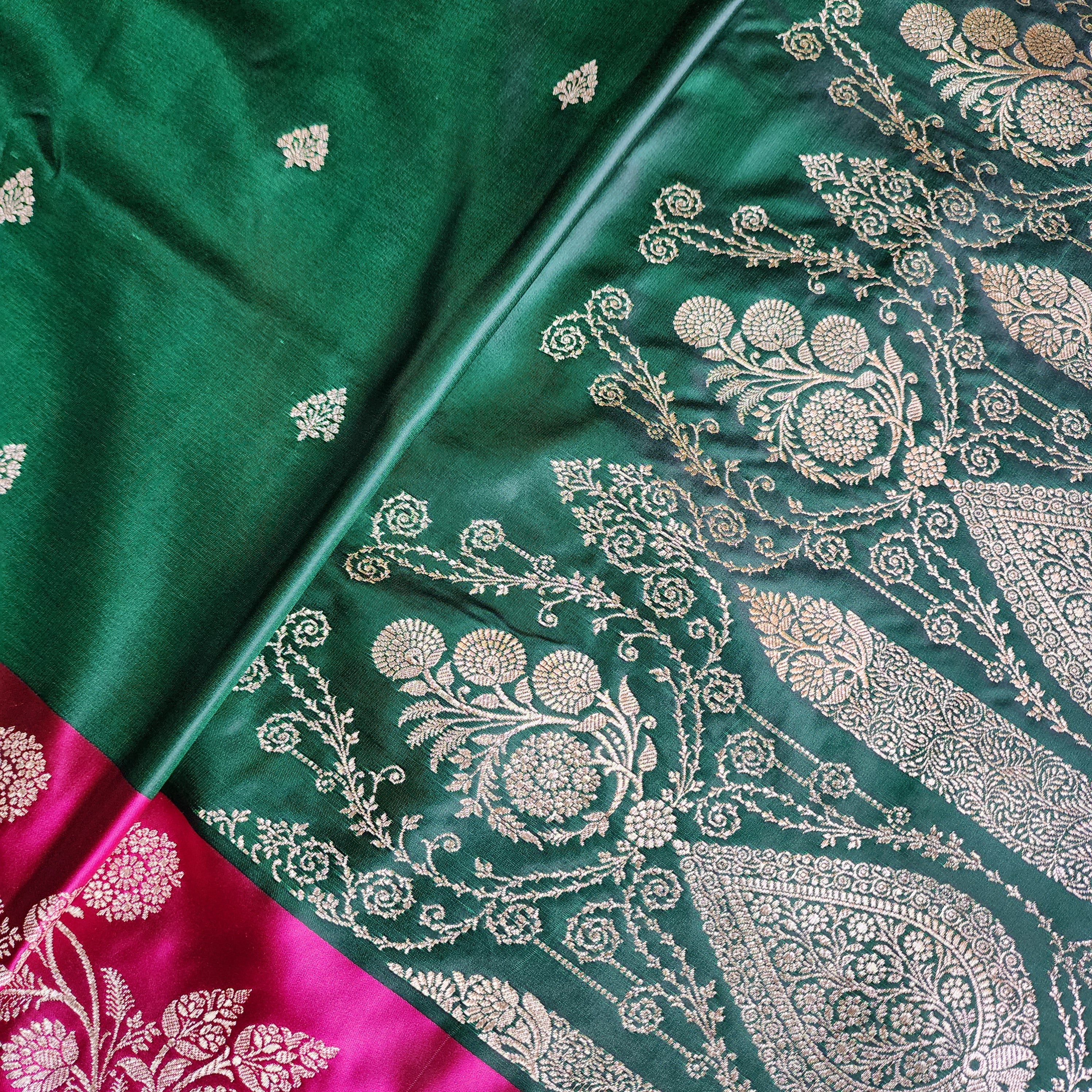 Emerald Green Pure Banarasi Katan Silk Saree with Bright Pink Border