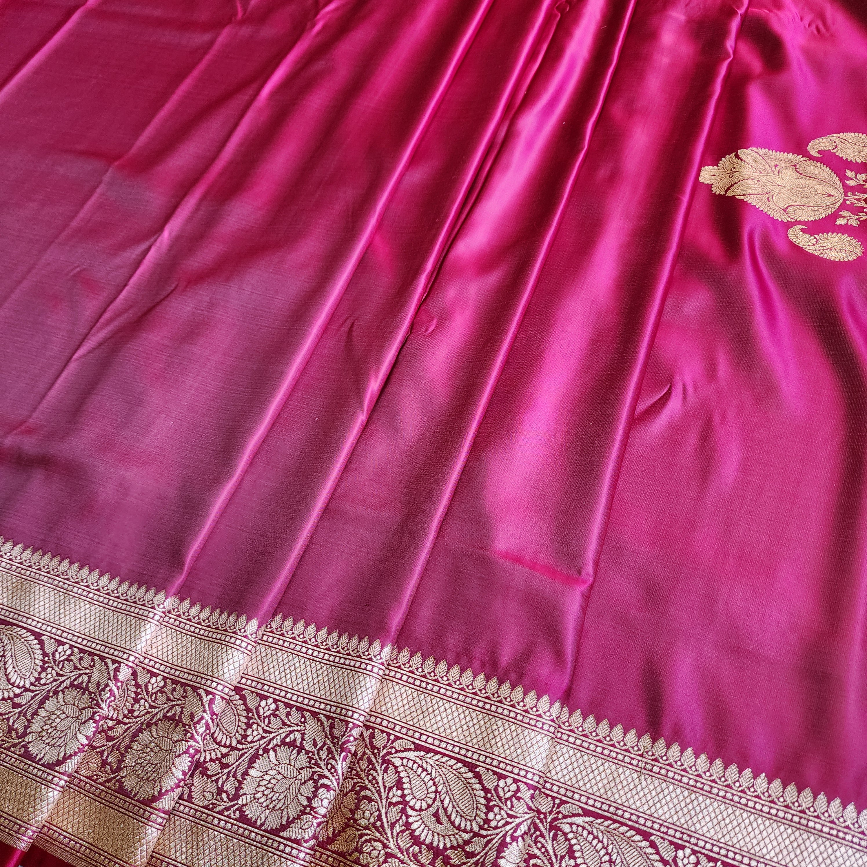 Hot Pink Pure Banarasi Katan Silk Saree with light Gold Zari Weaving