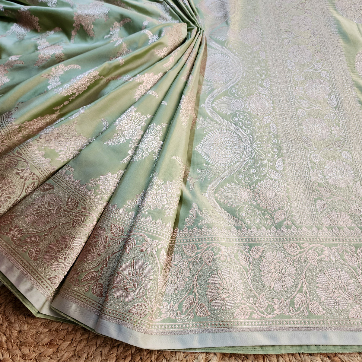 Olive Green Banarasi Katan Silk Saree with Floral Vine Jaal