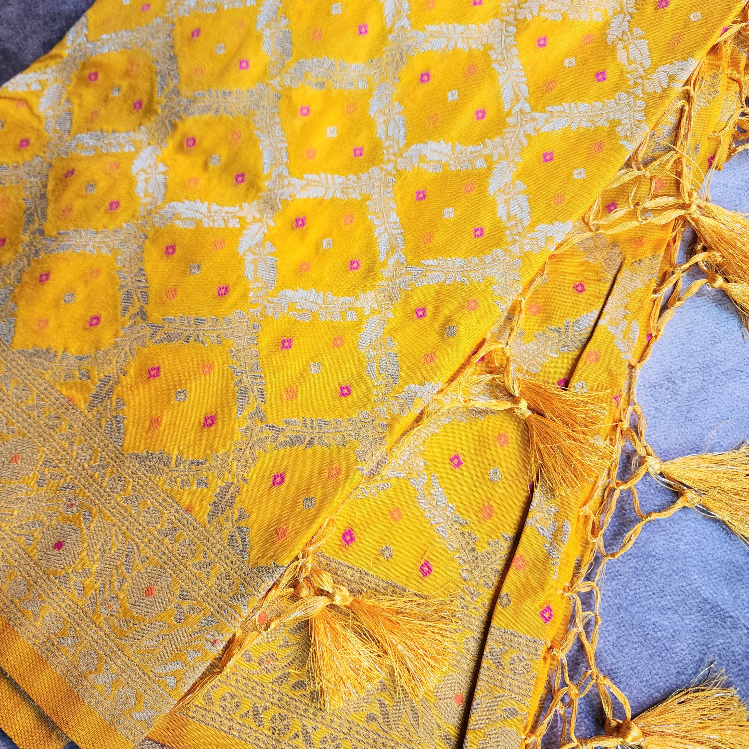 Mustard Yellow Bandhani Dupatta with Traditional Jaal
