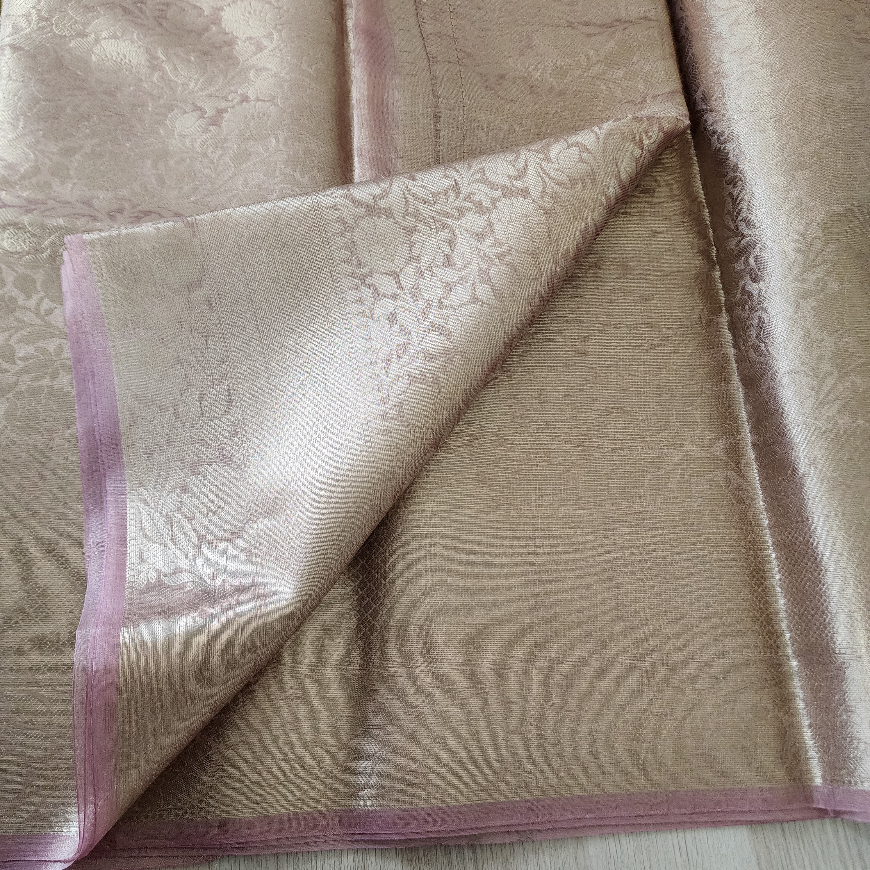 Temple Gold Kanjivaram Style Tissue Silk with Blush Pink Border