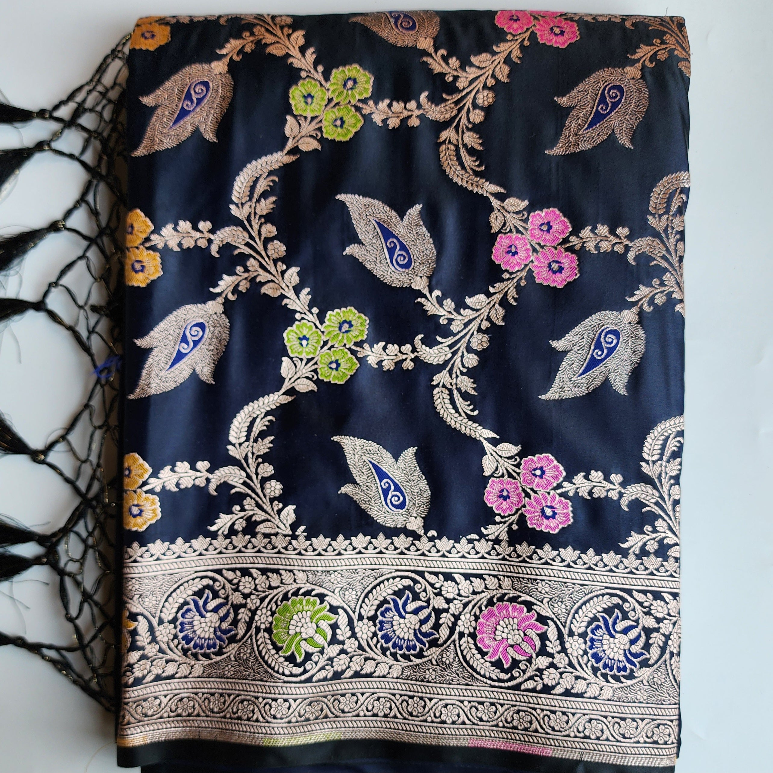 Enriched Midnight Blue Banarasi Katan Silk Saree with Multicolor Meenakari Floral Jaal