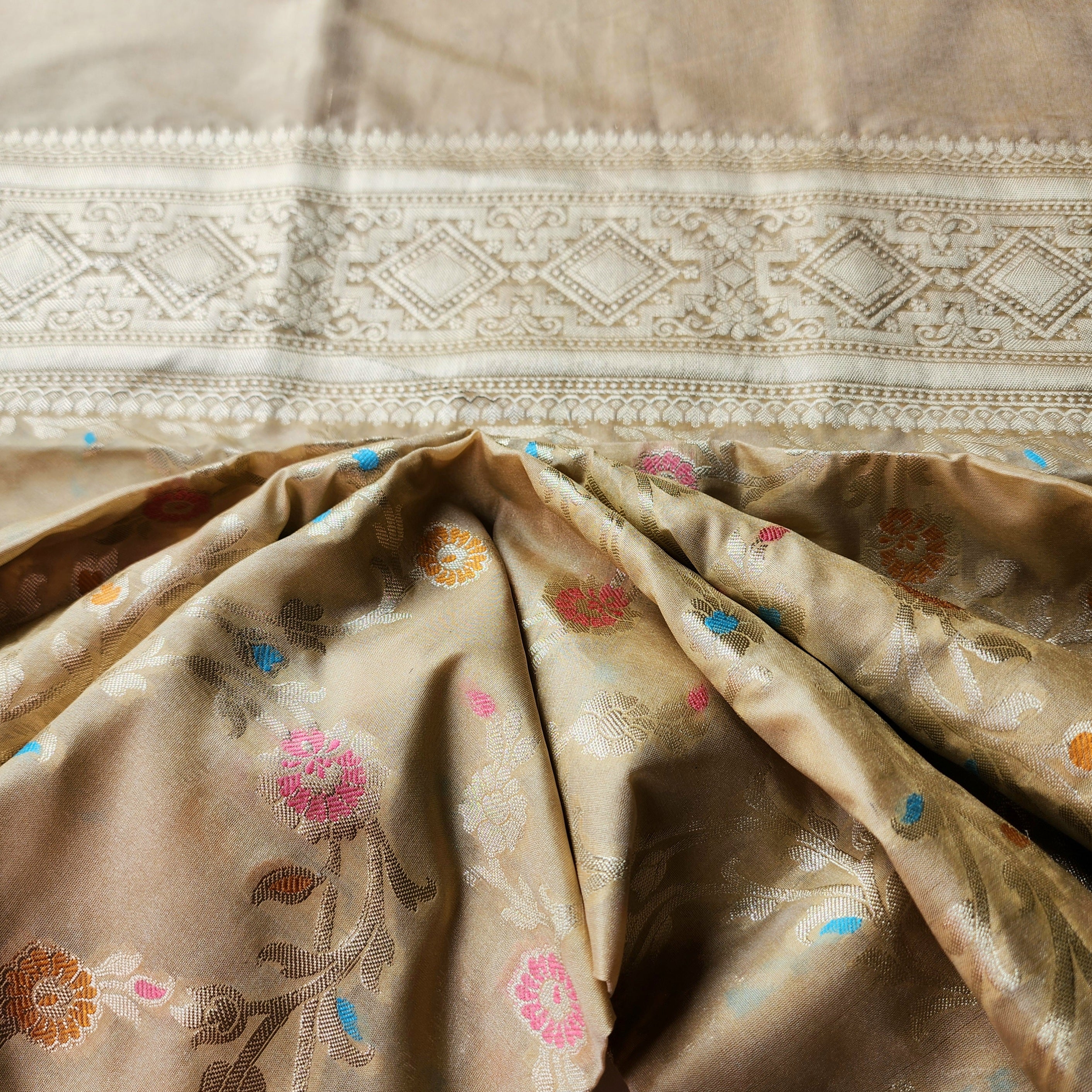 Golden Grid Banarasi Silk Dupatta with Meenakari Work in Beige