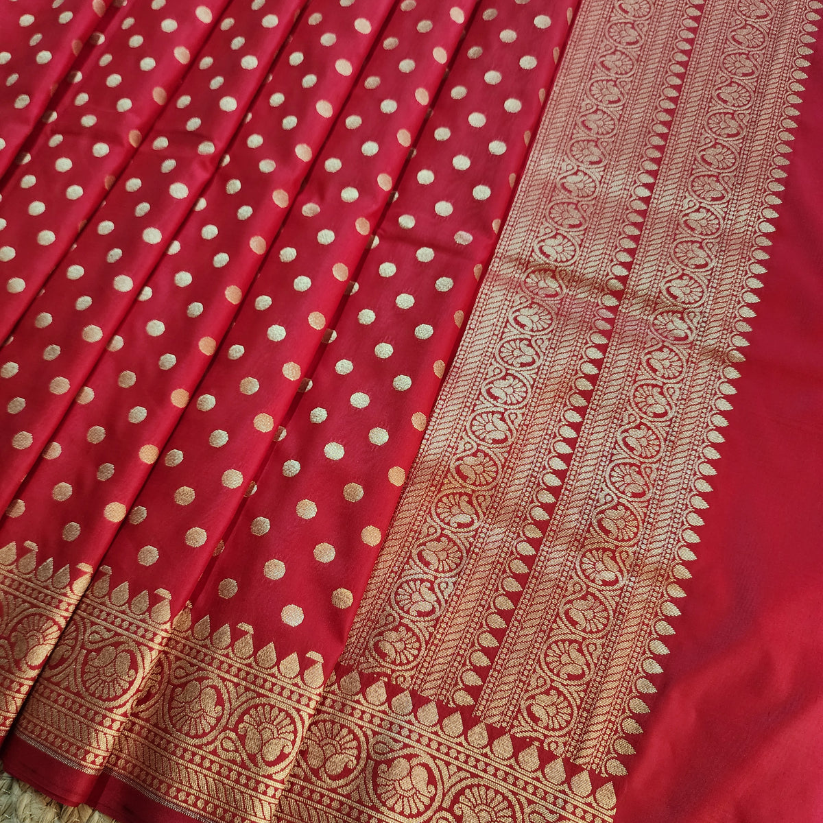 Classic Red Banarasi Silk Dupatta with Gold Polka Dot