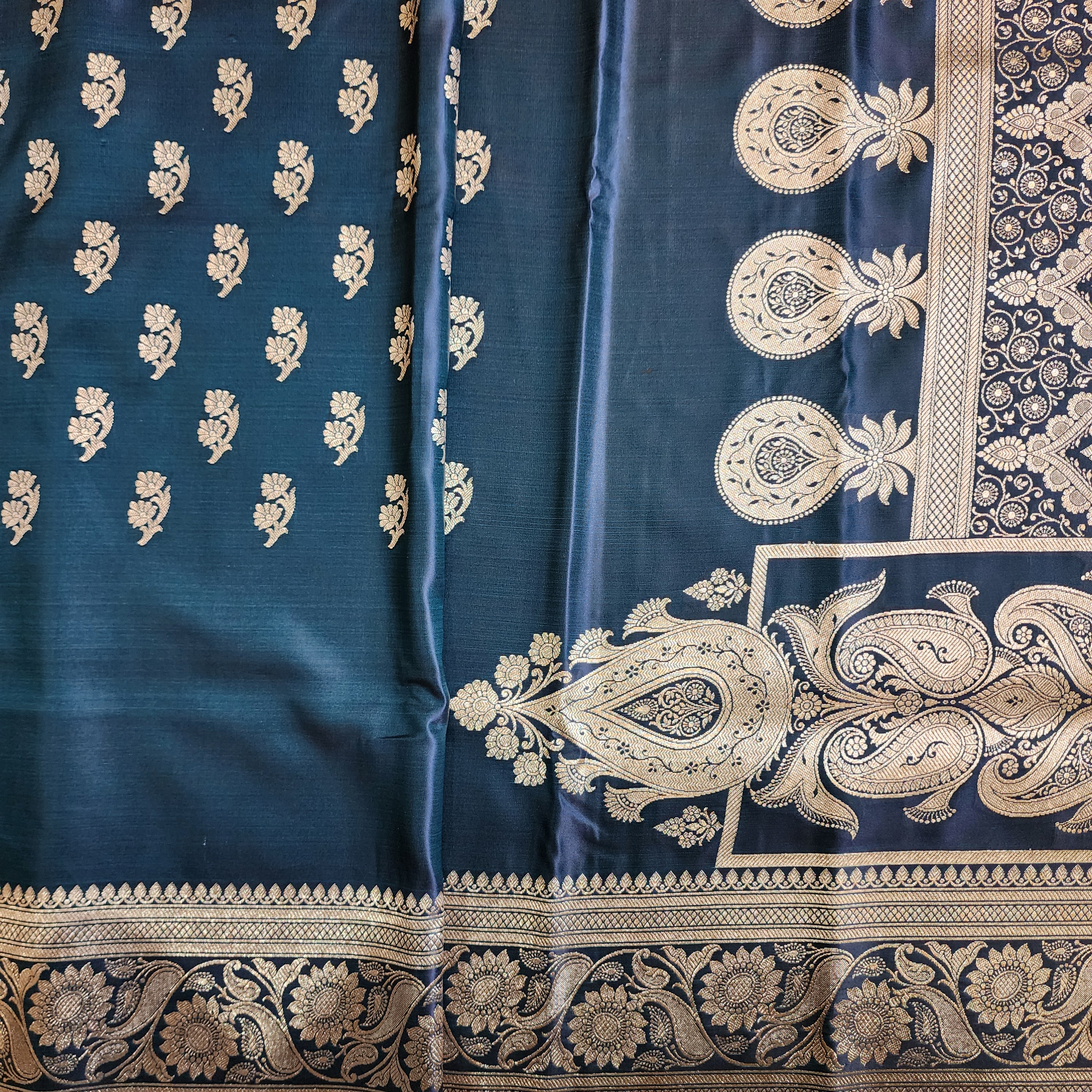 Teal Blue Pure Banarasi Katan Silk Saree with light Gold Zari Weaving