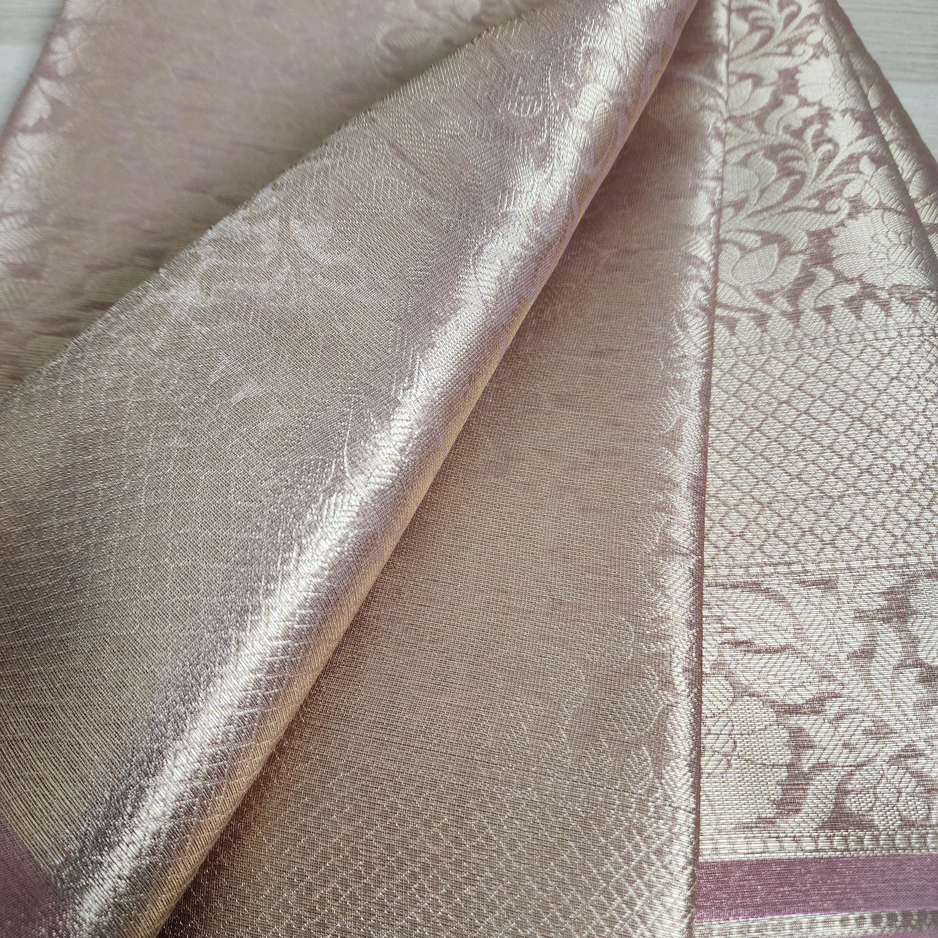 Temple Gold Kanjivaram Style Tissue Silk with Blush Pink Border