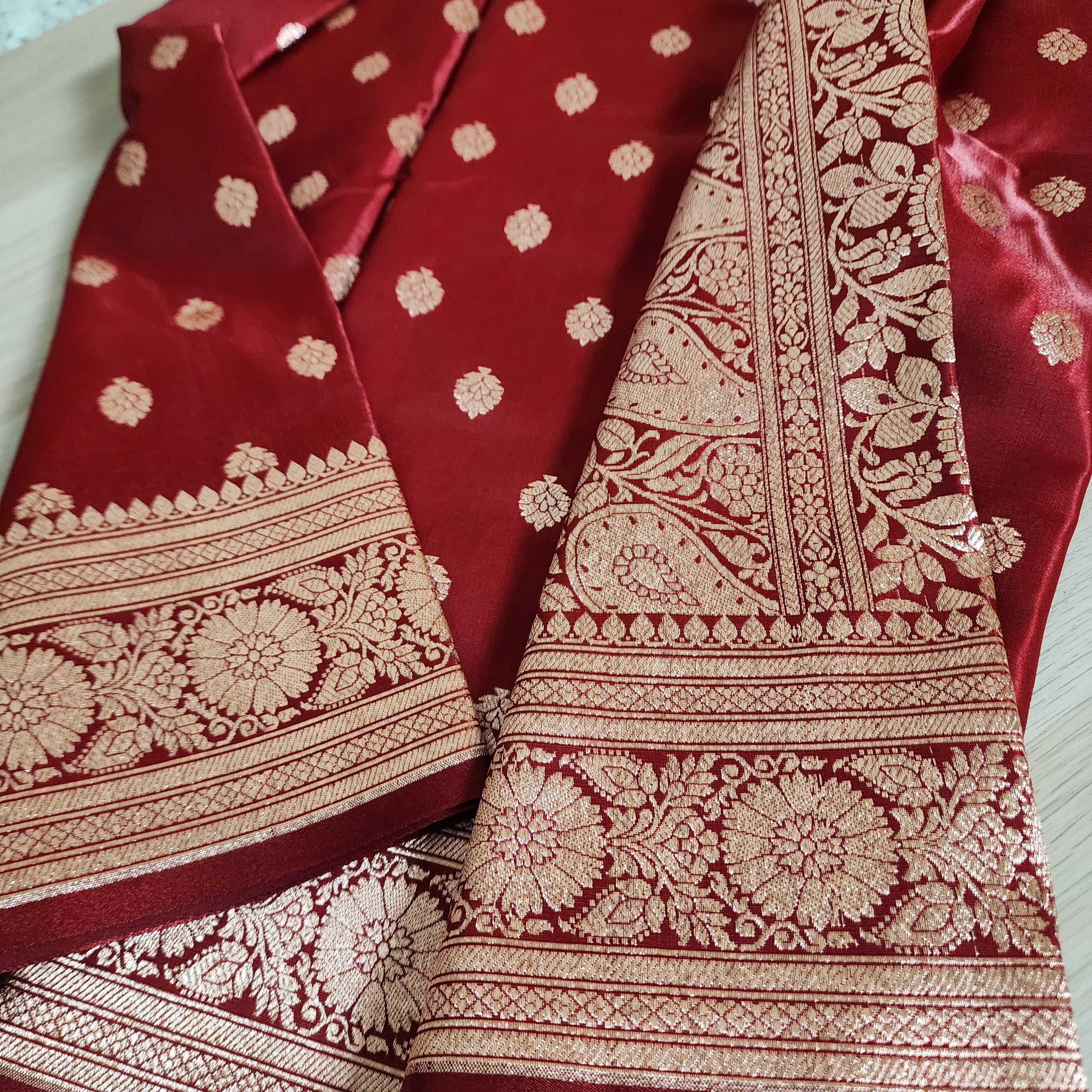Royal Maroon Red Banarasi Silk Saree with Golden Zari Weave