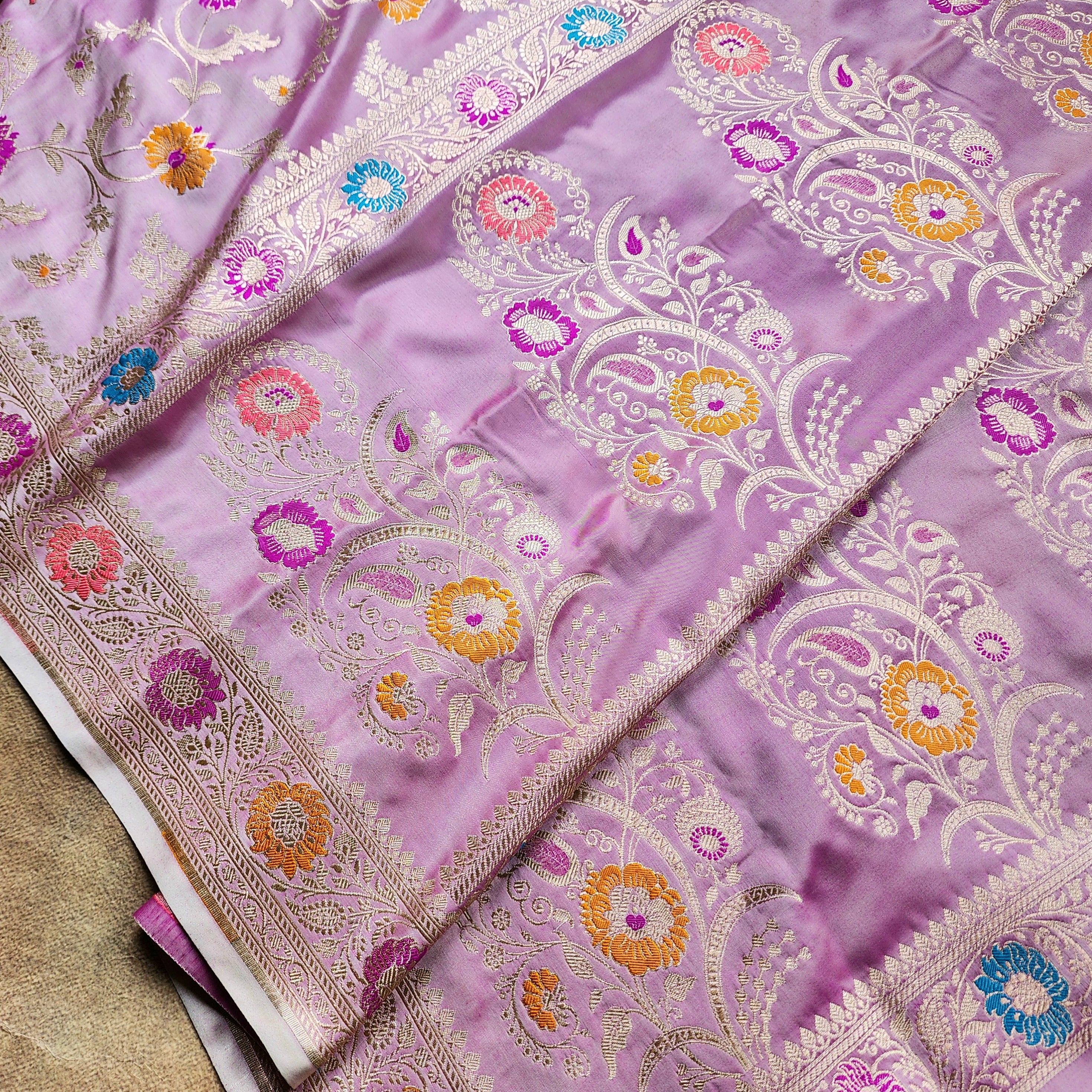 Enriched Banarasi Katan Silk Saree | Soft Lavender Pink Multicolor Meenakari Floral Jaal