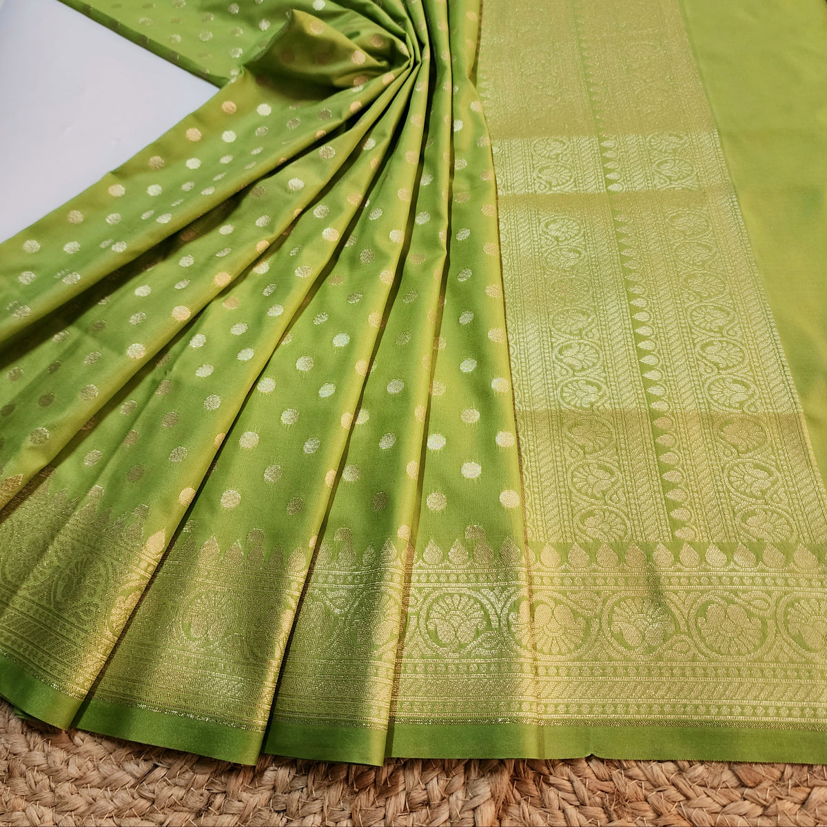Lime Green Banarasi Silk Dupatta with Gold Polka Dot