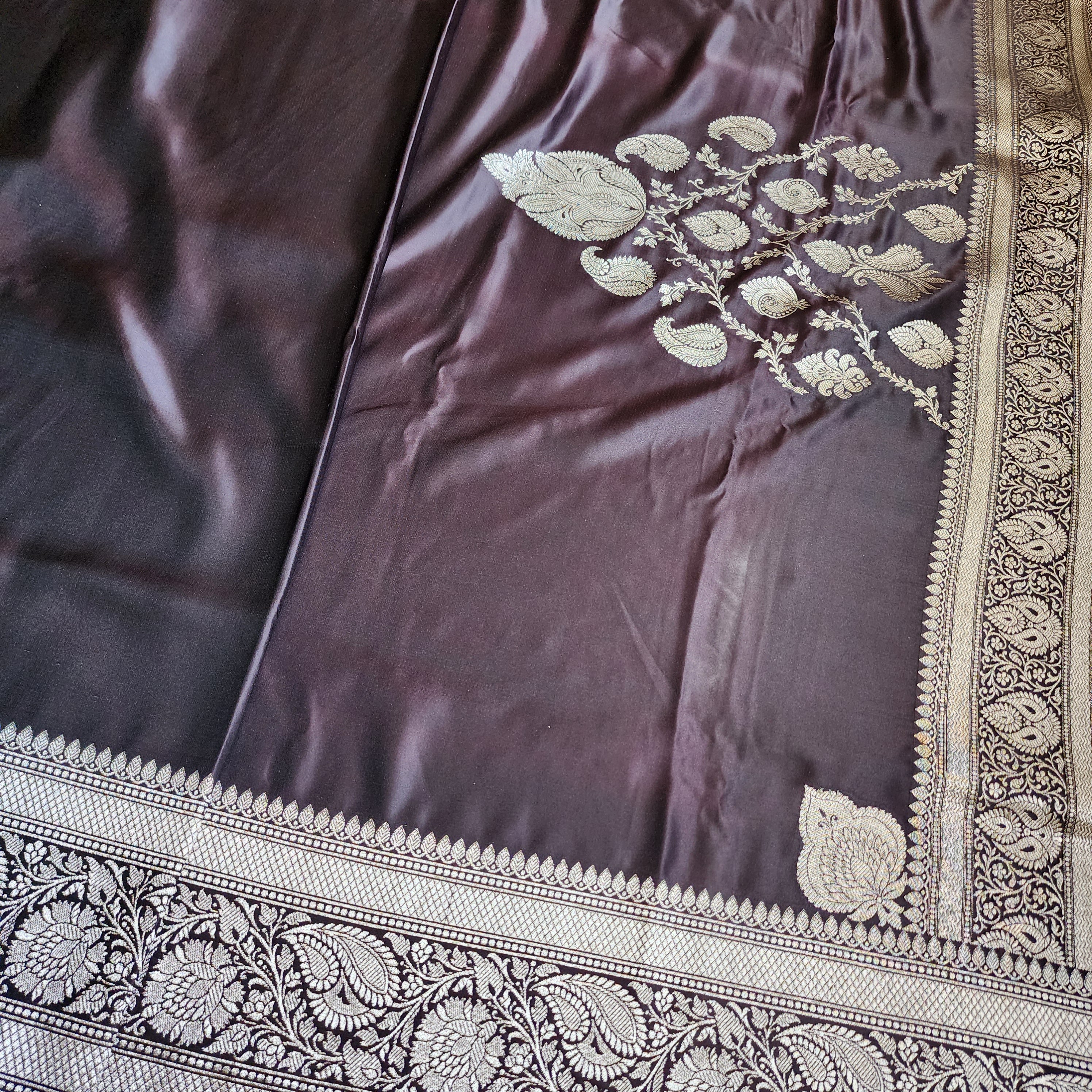 Mulberry Wine Pure Banarasi Katan Silk Saree with light Gold Zari Weaving