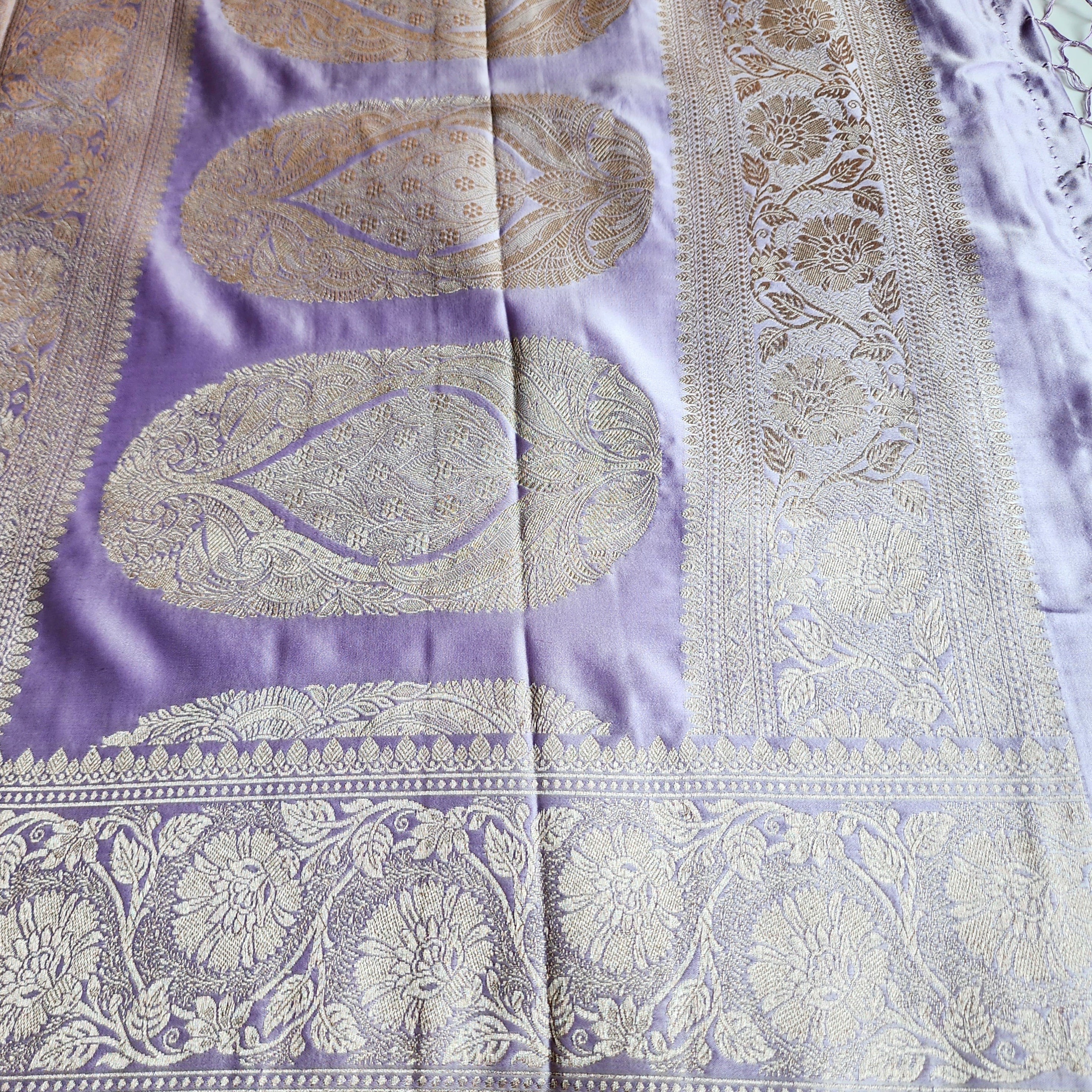 Pastel Lavender Grey Banarasi Katan Silk Saree with Light Gold Zari weaving