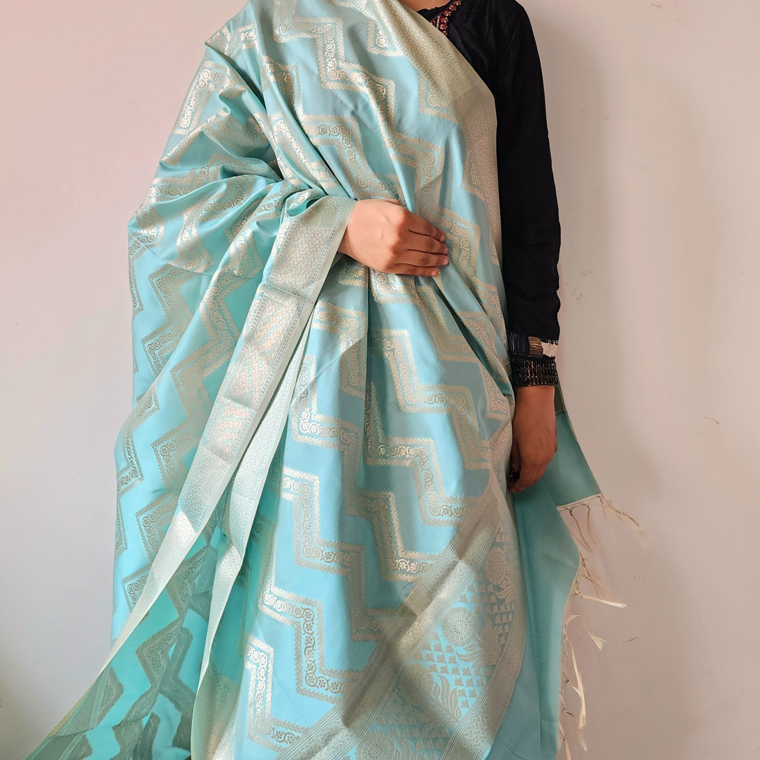 Robin Egg Blue Banarasi Dupatta with Golden Zigzag Pattern