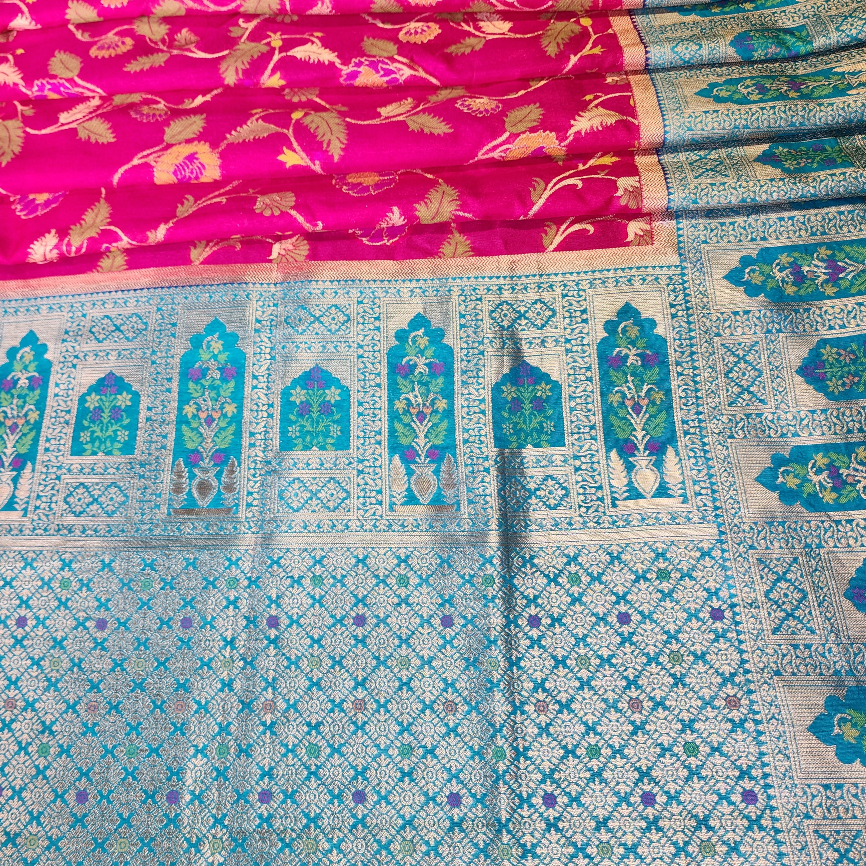 Rani Pink Dupion Patola with Turquoise Blue Border & Heavy Gold Zari