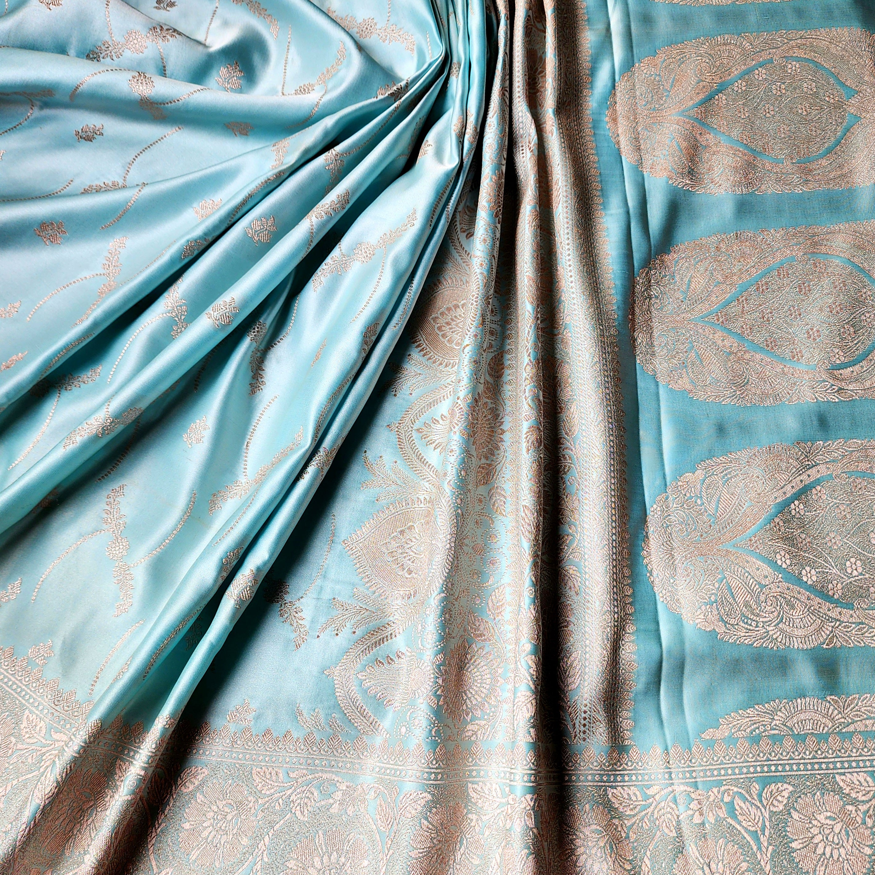Pastel Blue Banarasi Katan Silk Saree with Light Gold Zari weaving