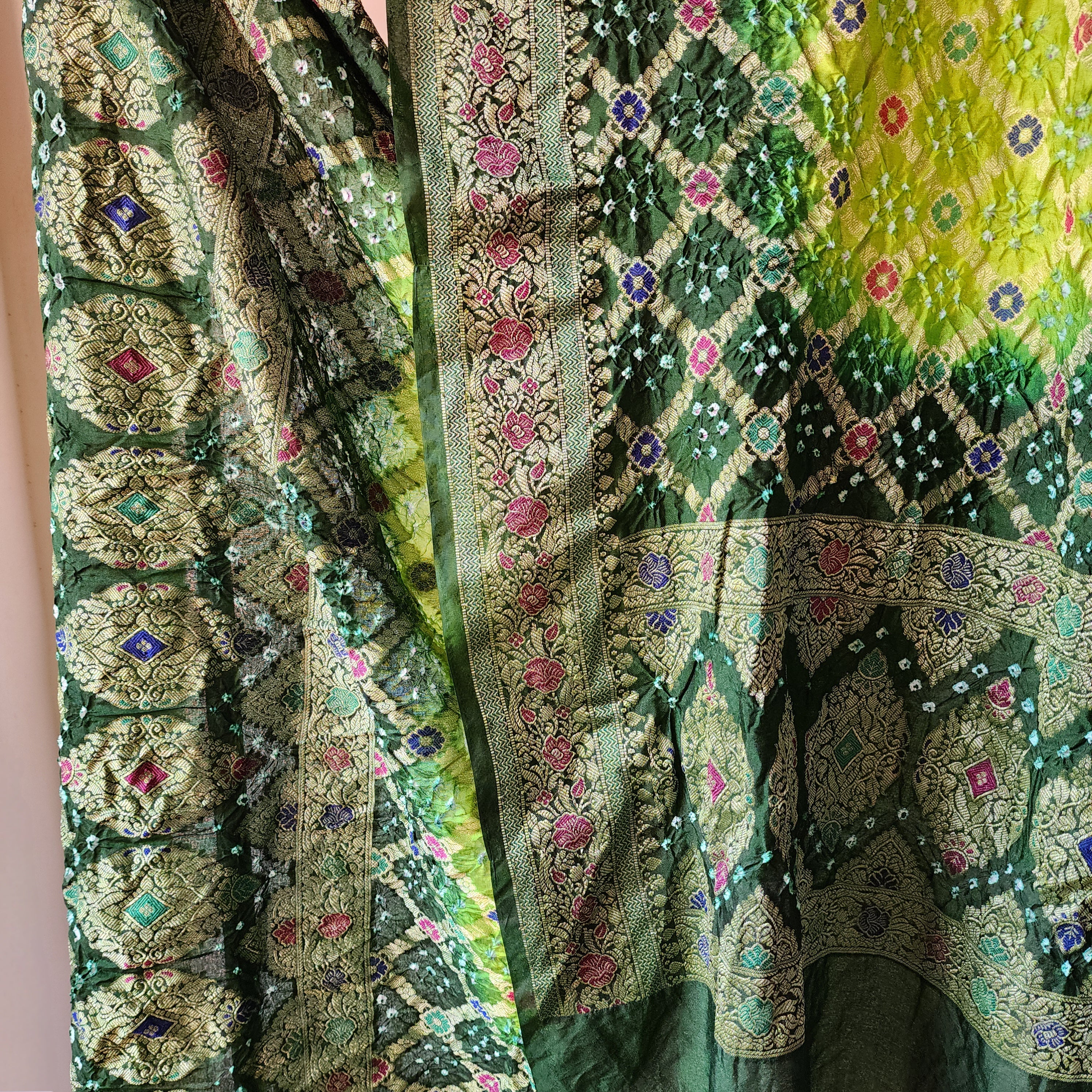 Dual-Tone Green Bandhni Dupatta with Golden Border & Banarasi Meenakari Work