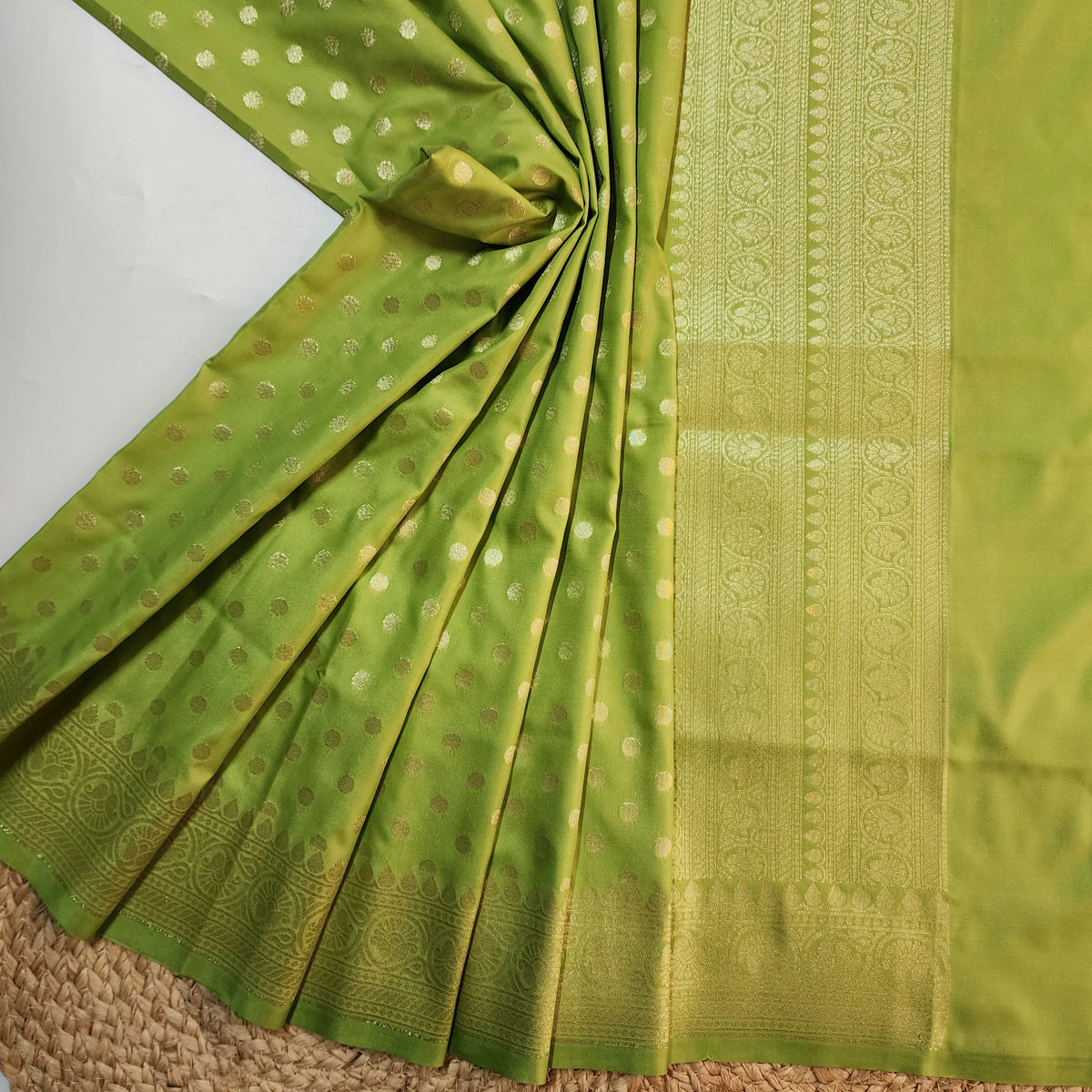 Lime Green Banarasi Silk Dupatta with Gold Polka Dot