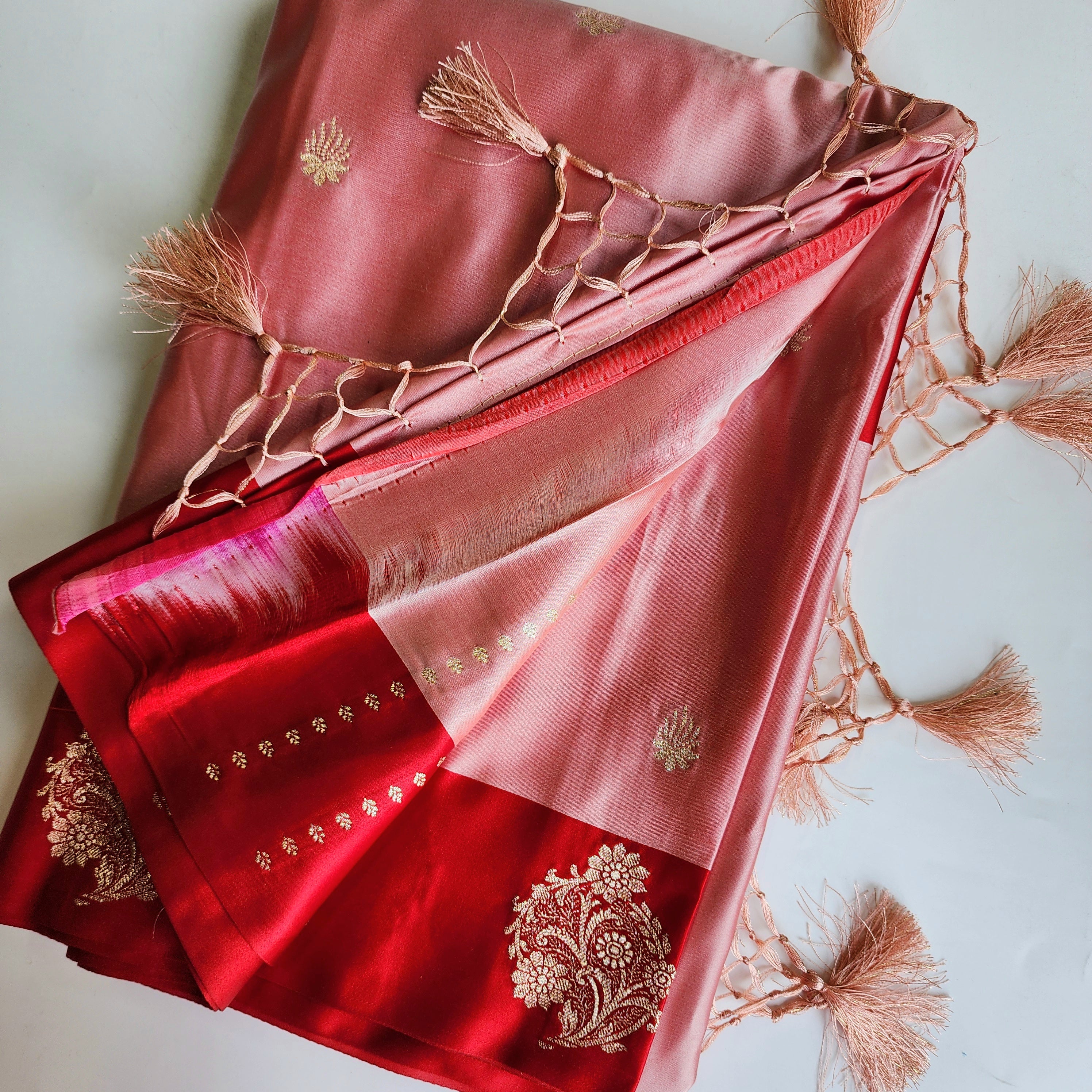 Blush Pink Katan Silk Saree with Red Gold Zari Border