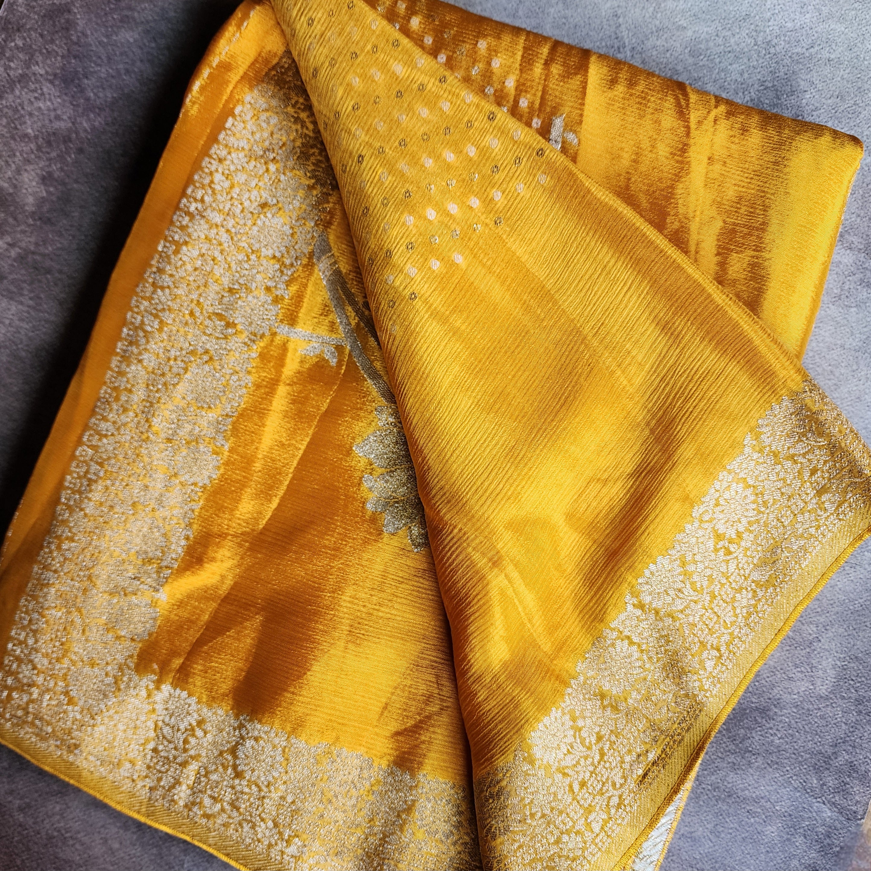 Marigold Mustard Yellow Crepe Silk Saree