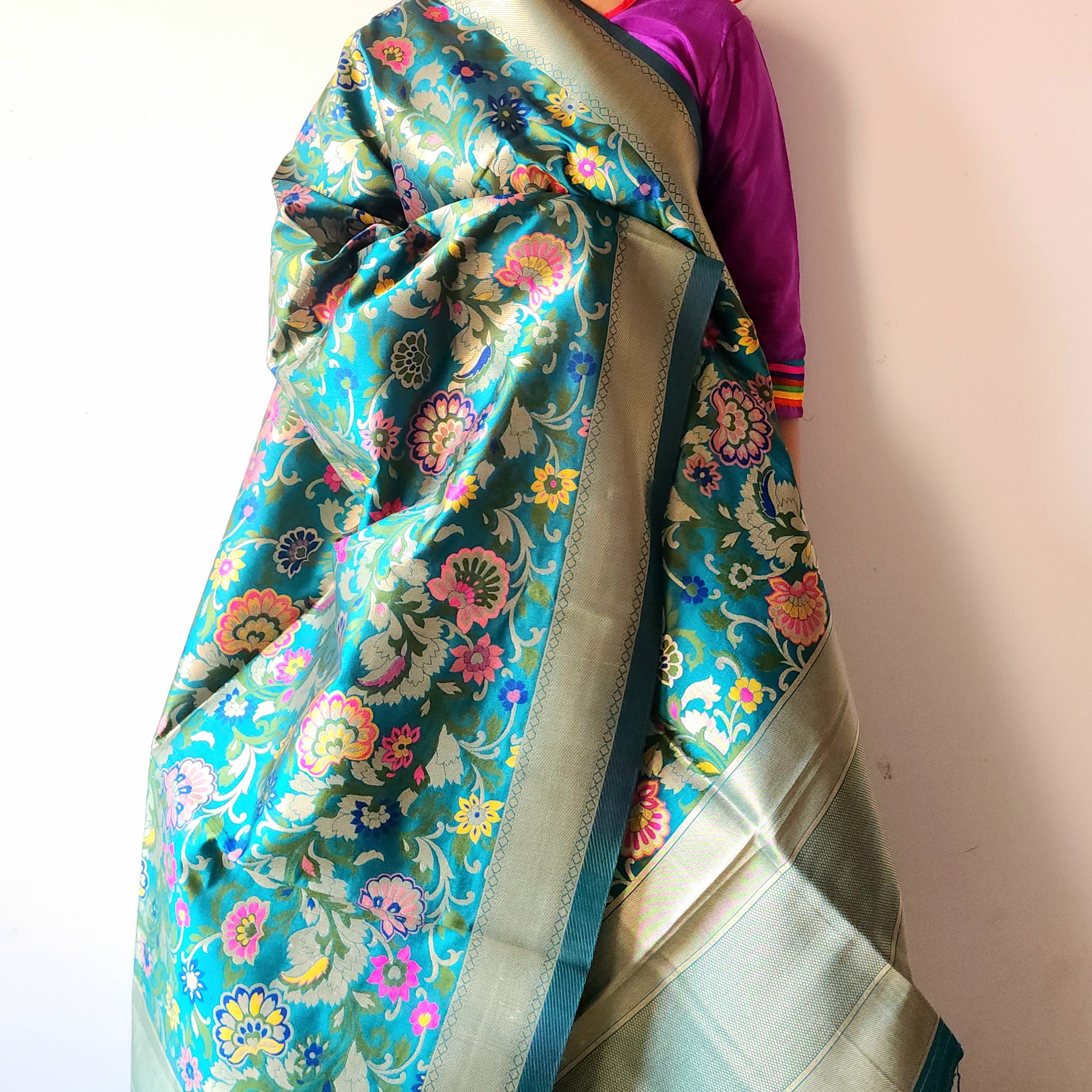 Banarasi Silk Rama Green Dupatta with Multicolor & Gold Floral Handweaving
