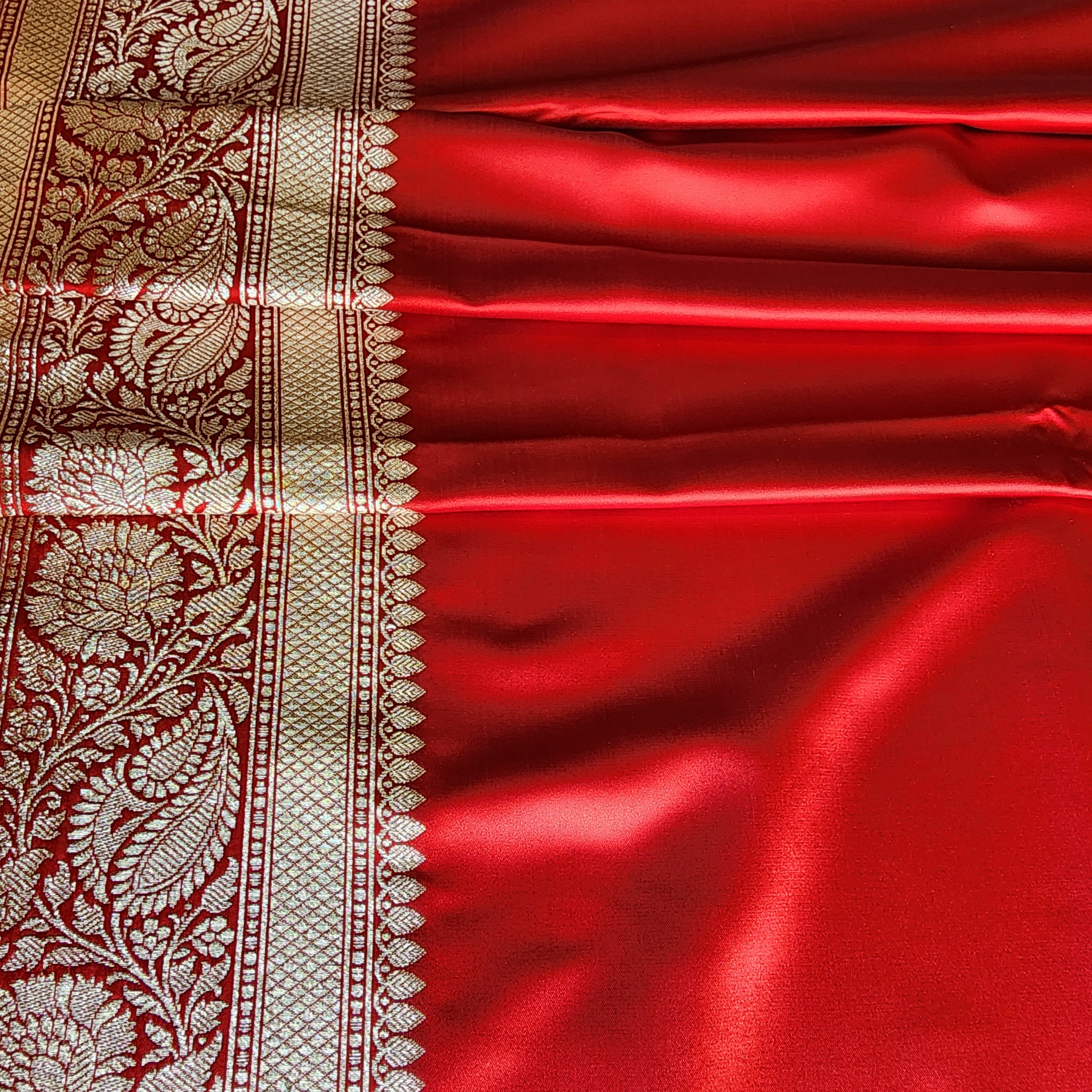Rich Ruby Red Pure Banarasi Katan Silk Saree with light Gold Zari Weaving