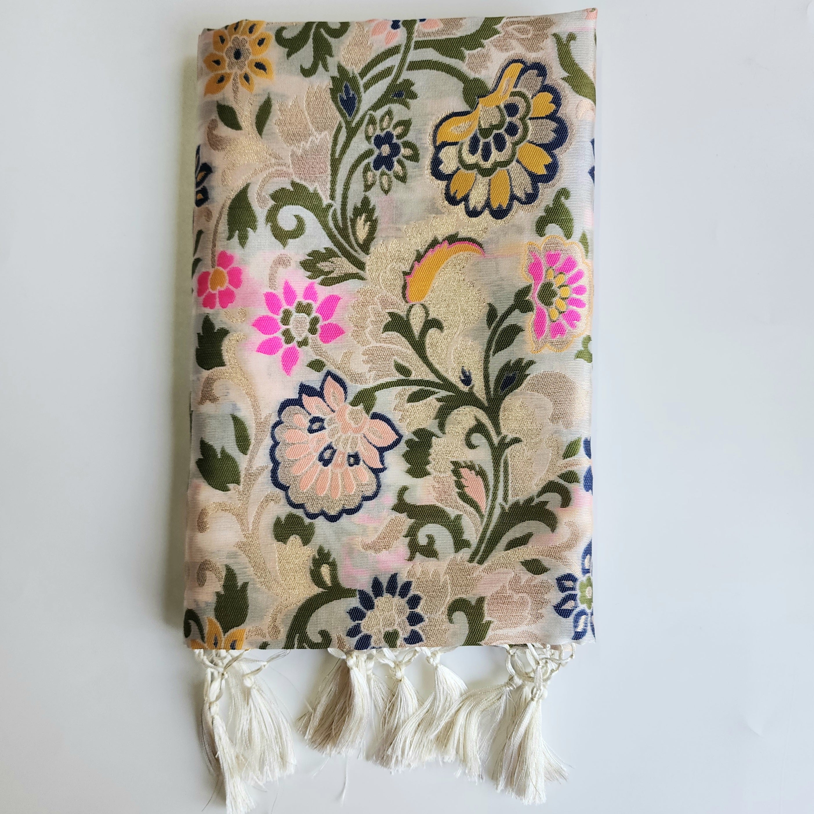 Banarasi Silk Off-White Dupatta with Multicolor & Gold Floral Handweaving