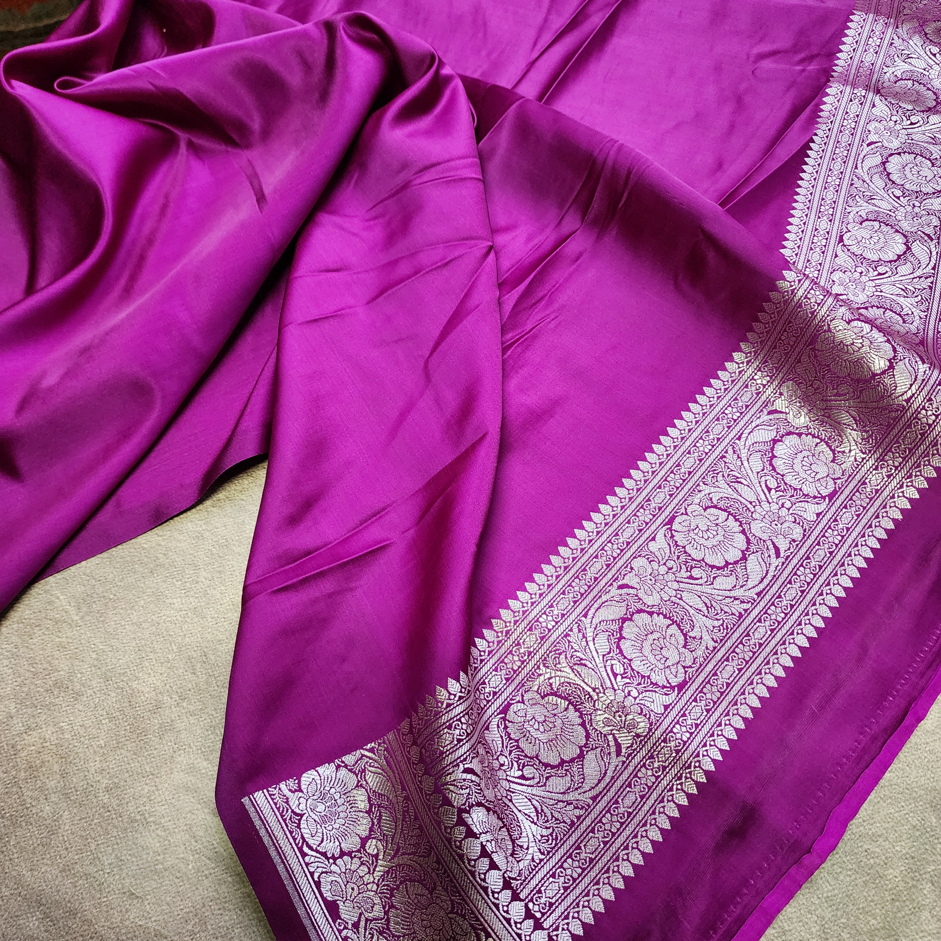 Pastel Pink Pure Banarasi Katan Silk Saree with Magenta Border