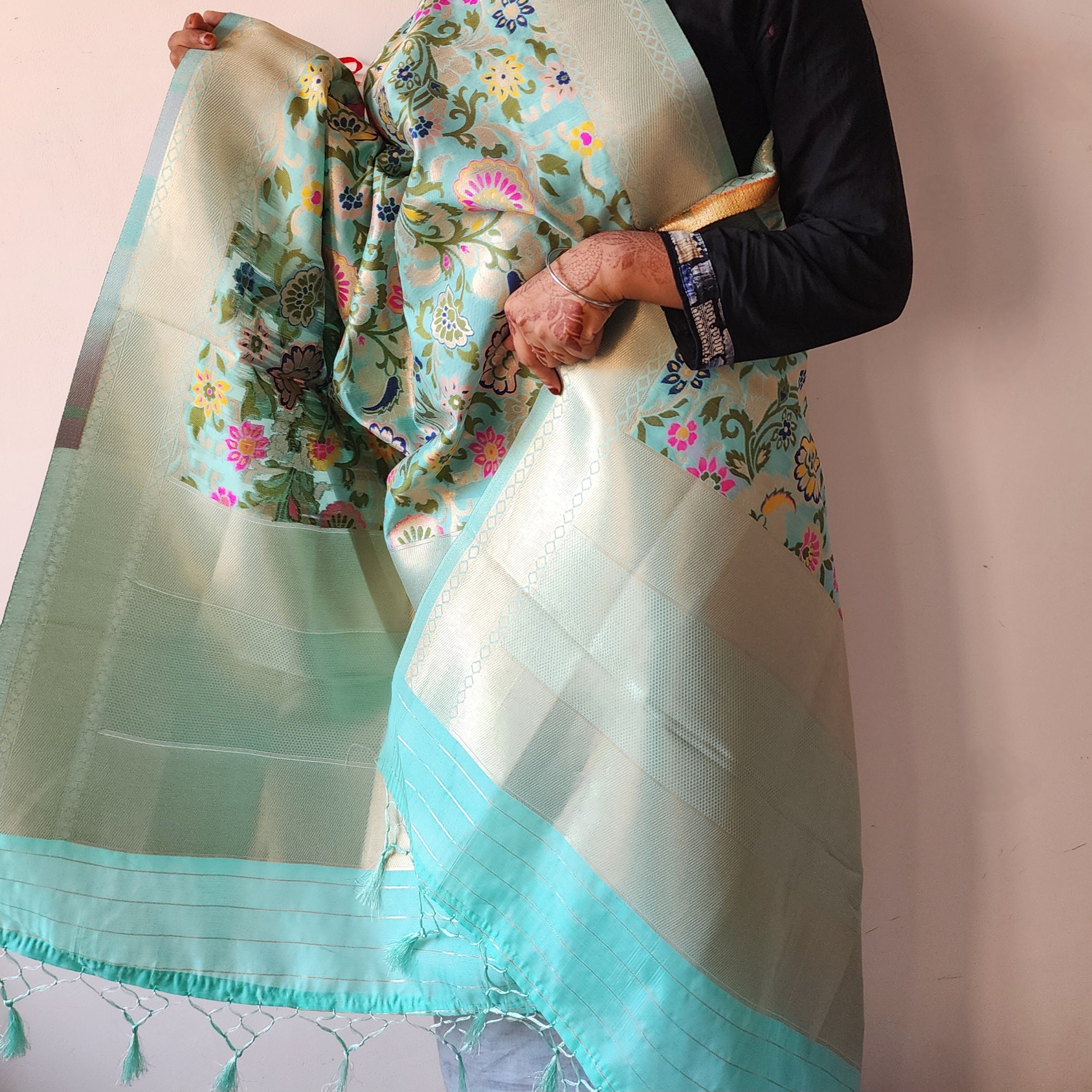 Banarasi Silk Aqua Blue Dupatta with Multicolor & Gold Floral Handweaving