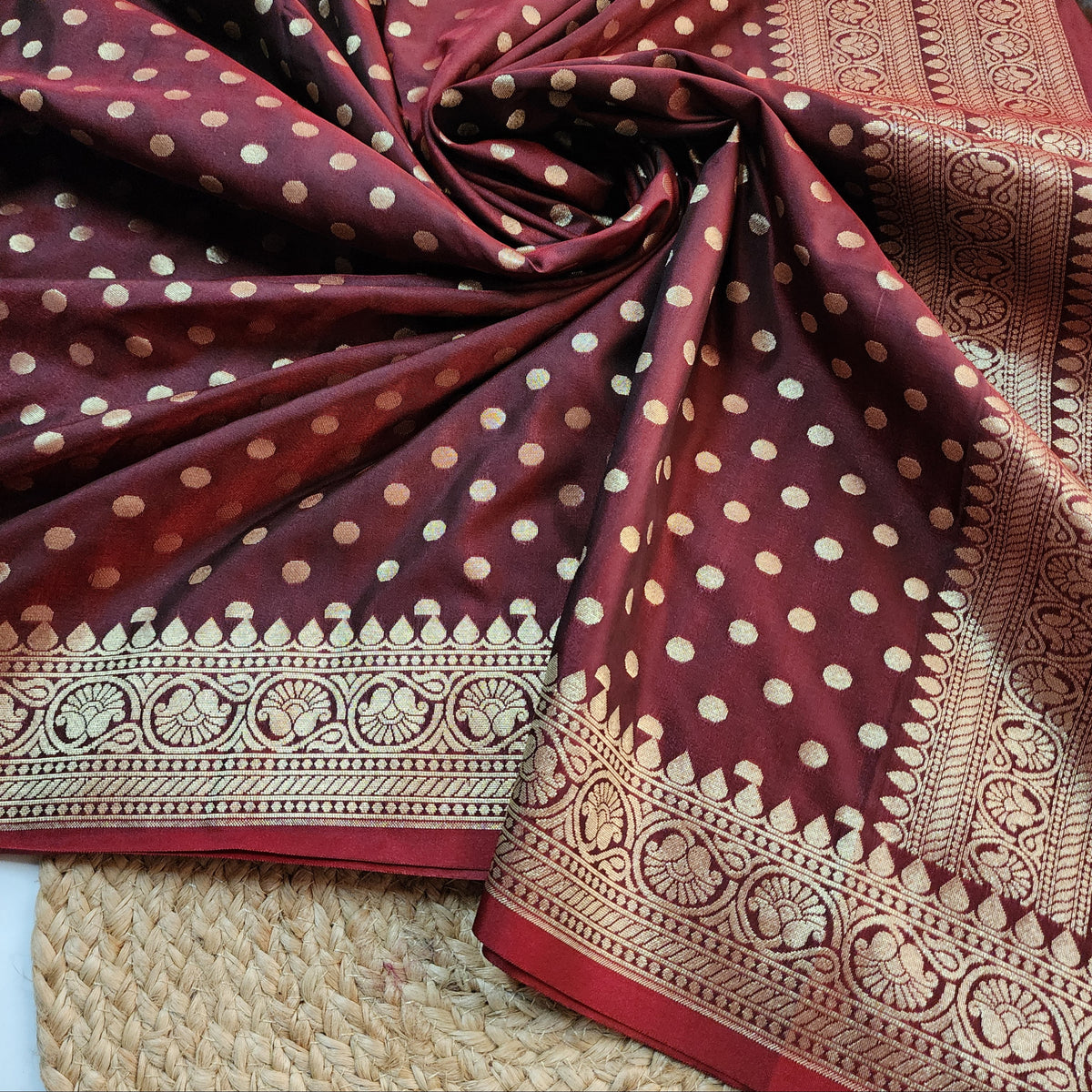 Burgundy Banarasi Silk Dupatta with Gold Polka Dot