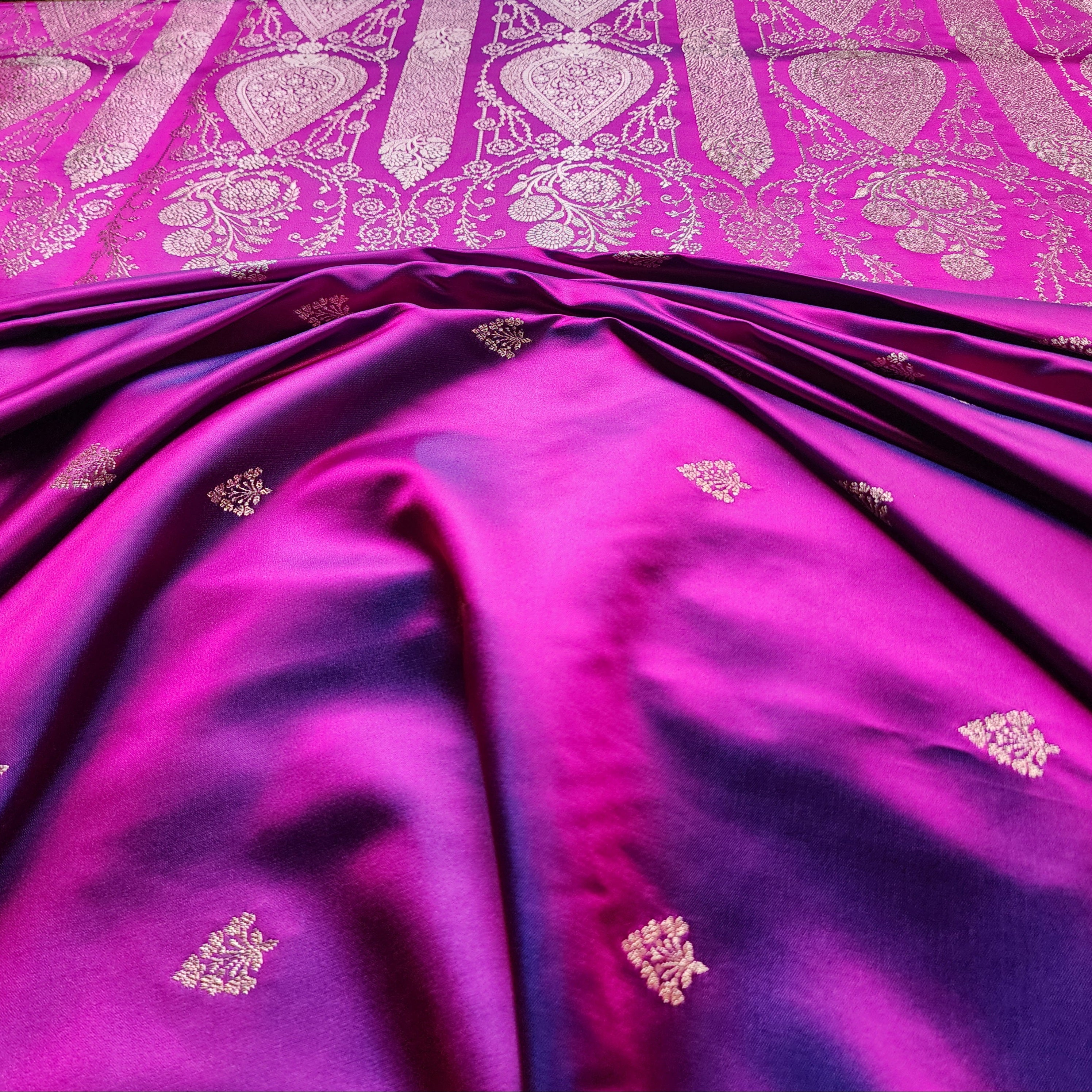 Royal Purple Pure Banarasi Katan Silk Saree with Leaf Green Border
