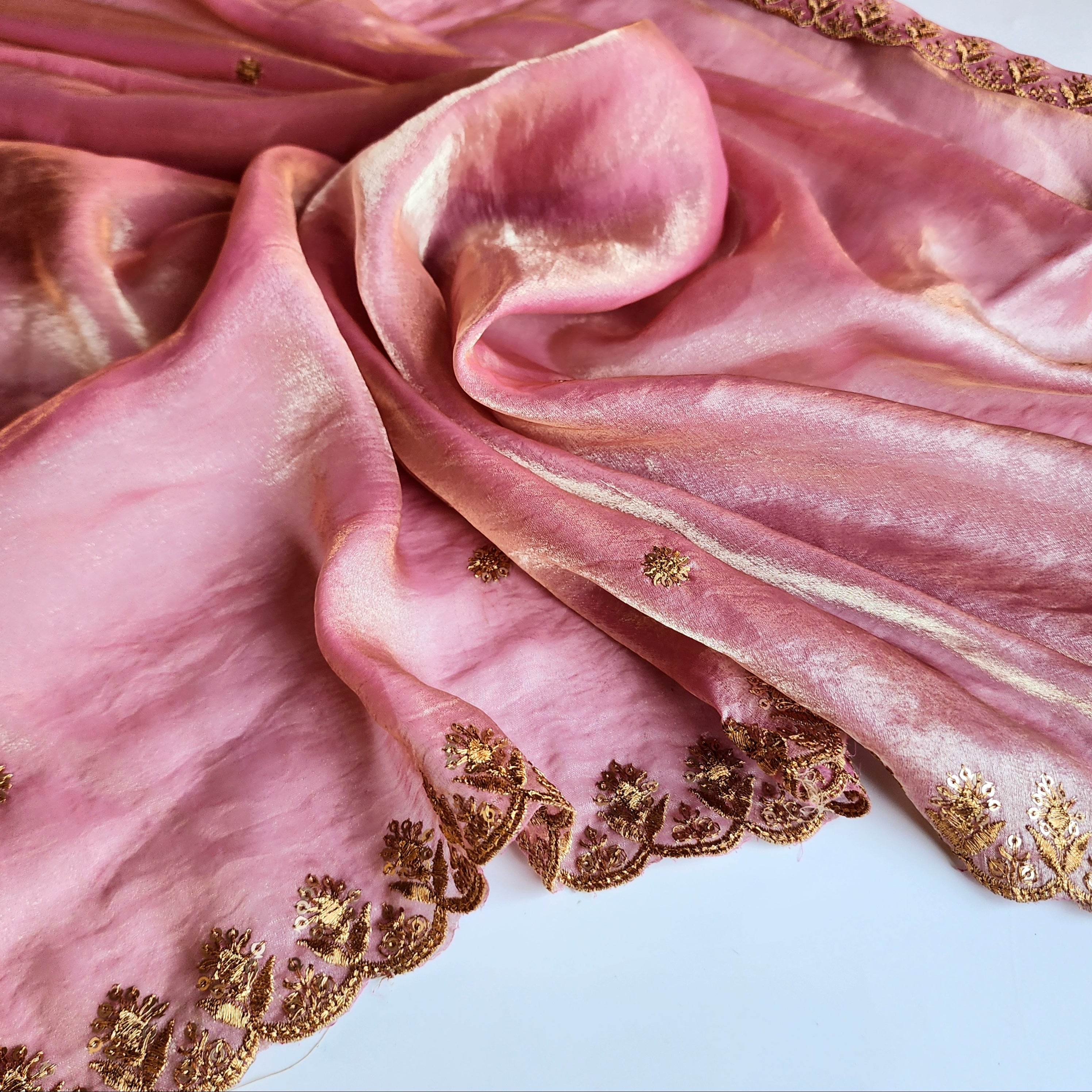 Blush Rose Gold Designer Tissue Silk Saree