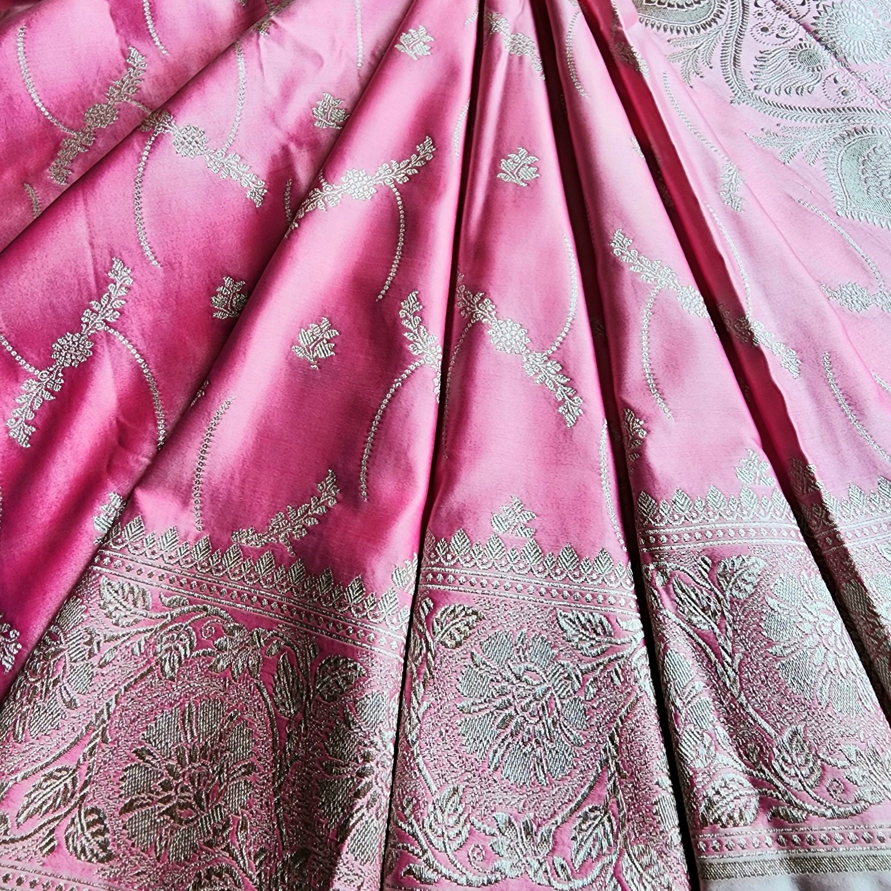Pastel Candy Pink Banarasi Katan Silk Saree with Light Gold Zari weaving