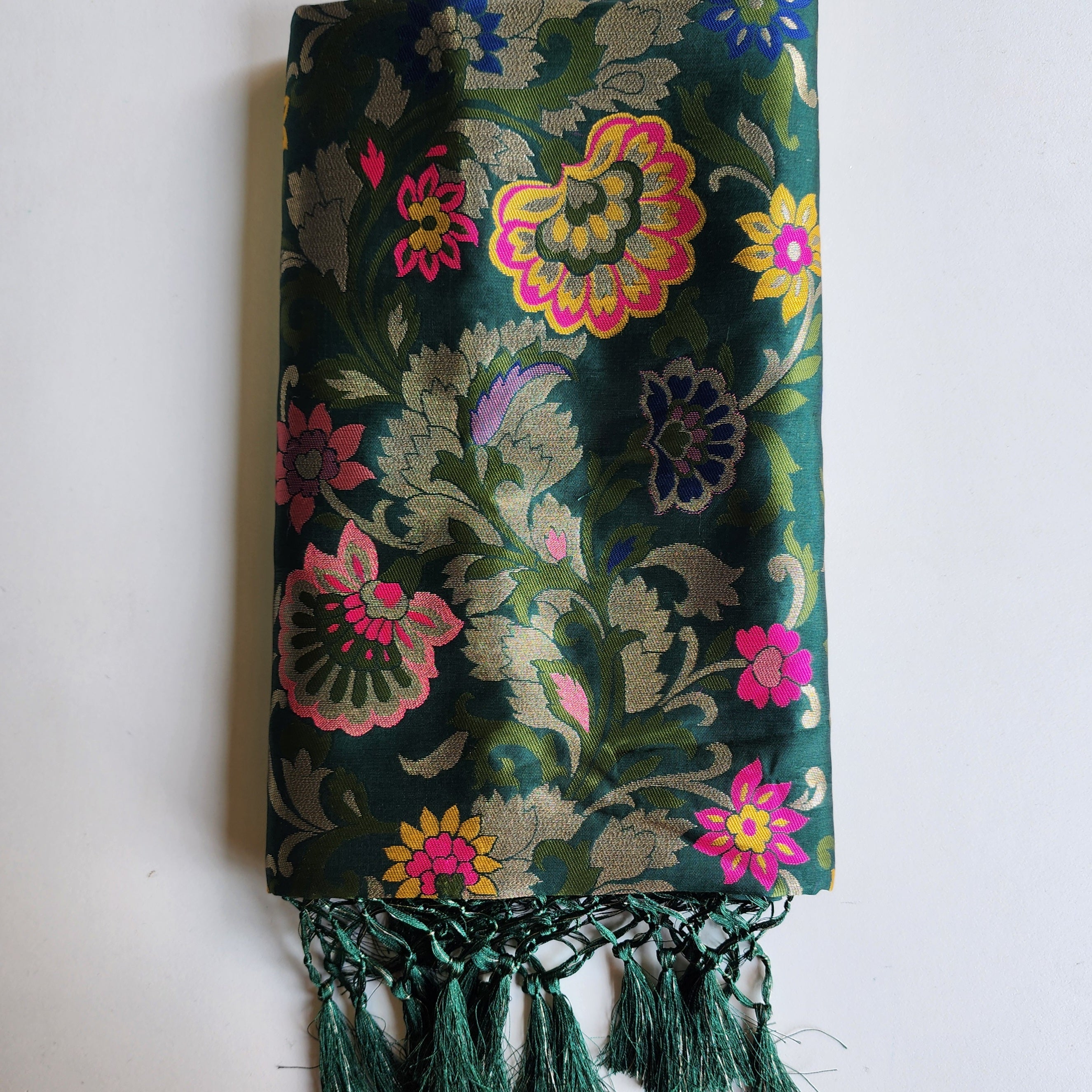 Banarasi Silk Bottle Green Dupatta with Multicolor & Gold Floral Handweaving
