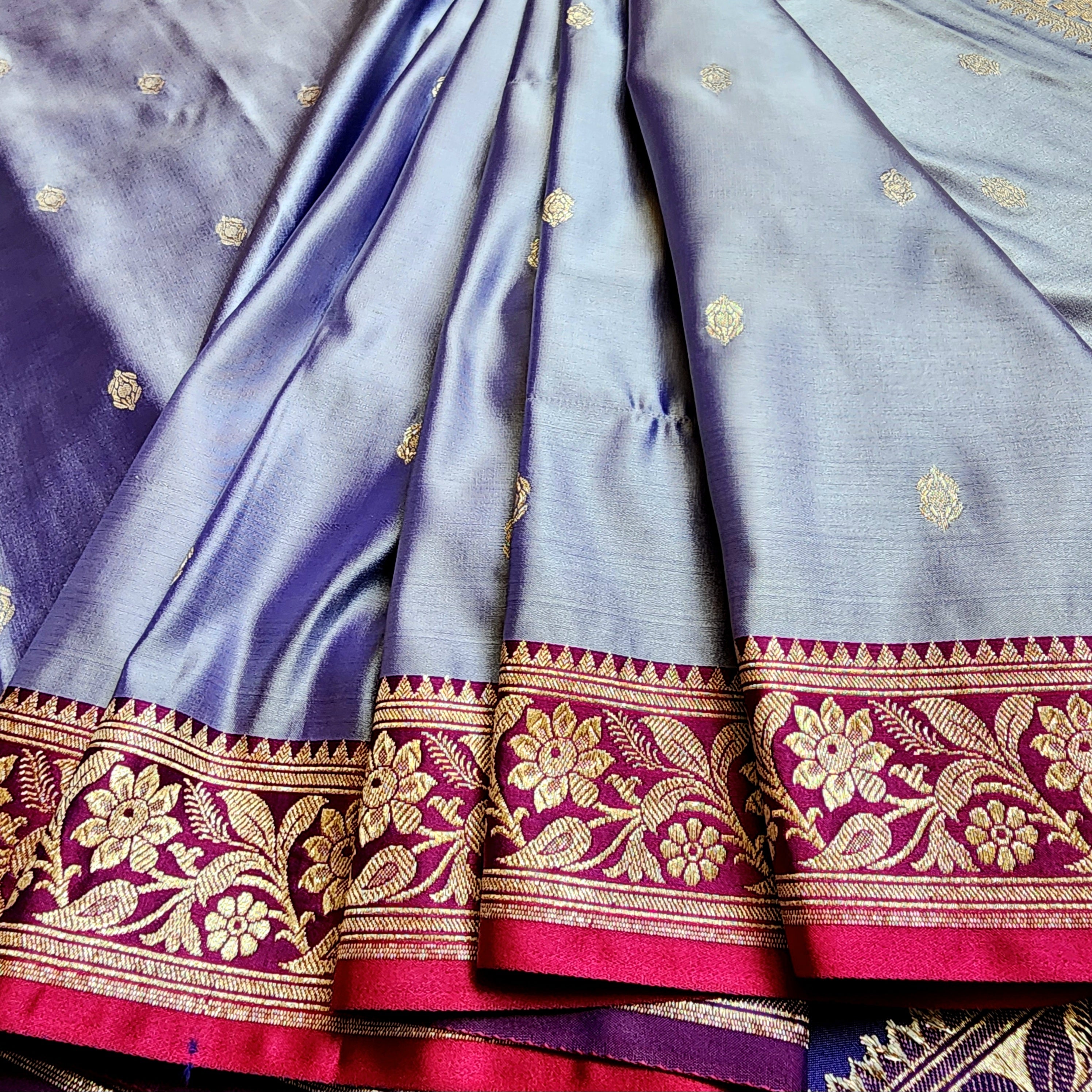 Periwinkle Katan Silk Saree with Magenta and Gold Zari Border