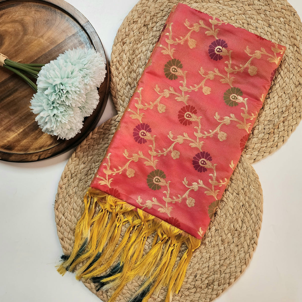 Banarasi Silk Floral Jaal Dupatta - Terracotta Rose