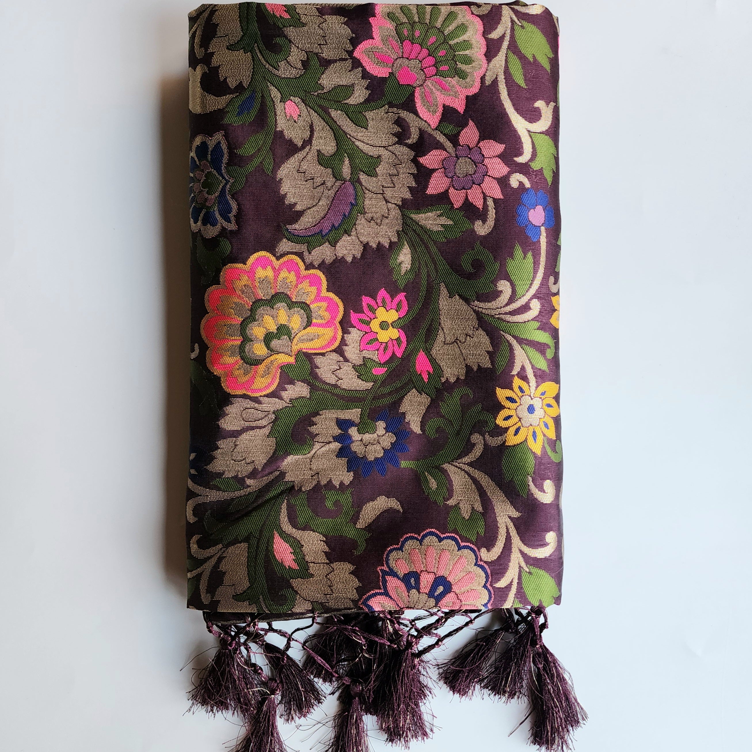 Banarasi Silk Dark Wine Dupatta with Multicolor & Gold Floral Handweaving