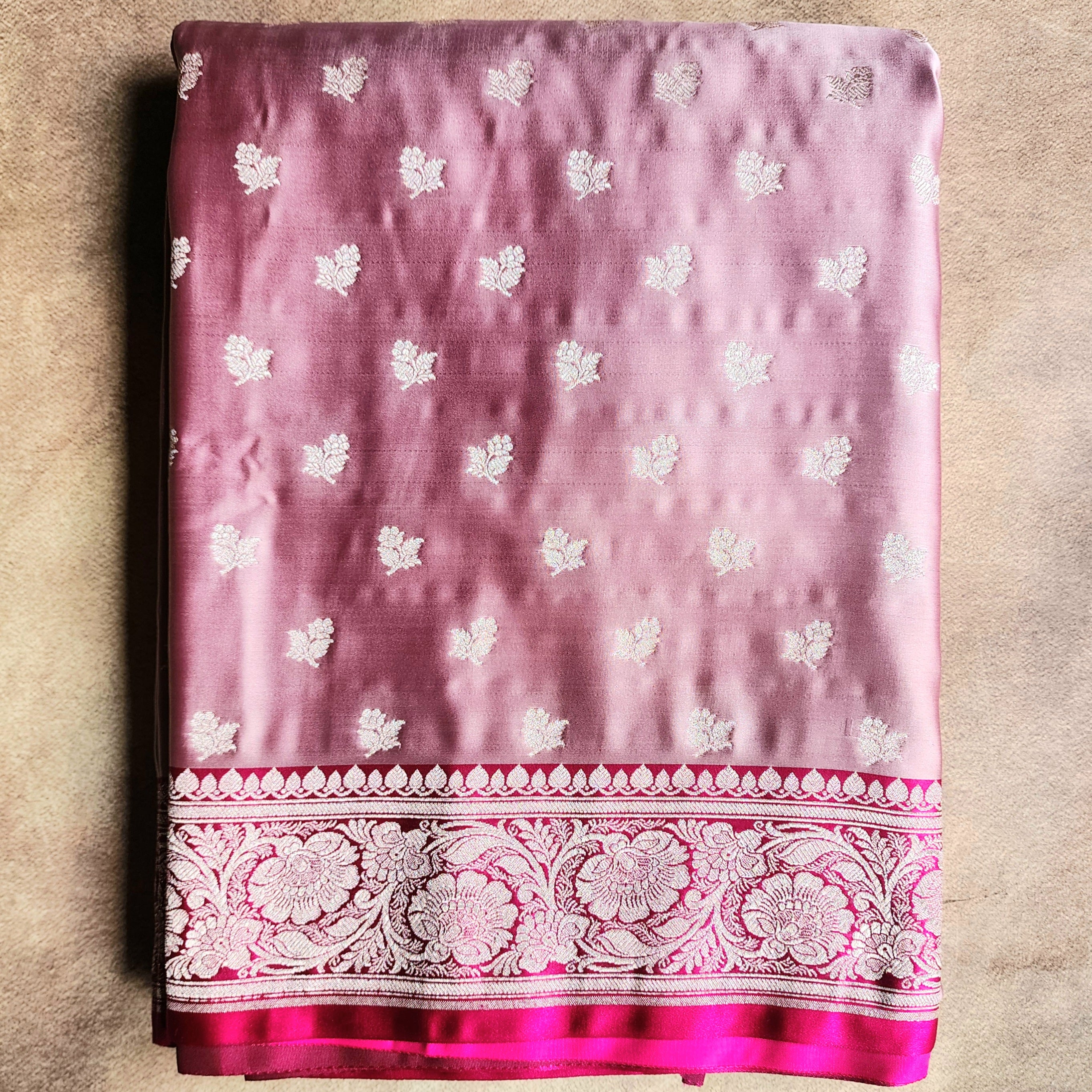 Dusty Mauve Pure Banarasi Katan Silk Saree with light Gold Zari Weaving