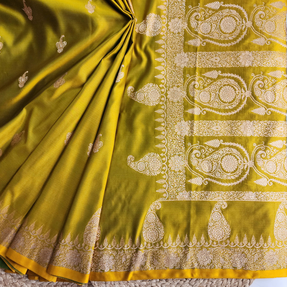 Lime Green Paisley Katan Silk Saree with Gold Zari