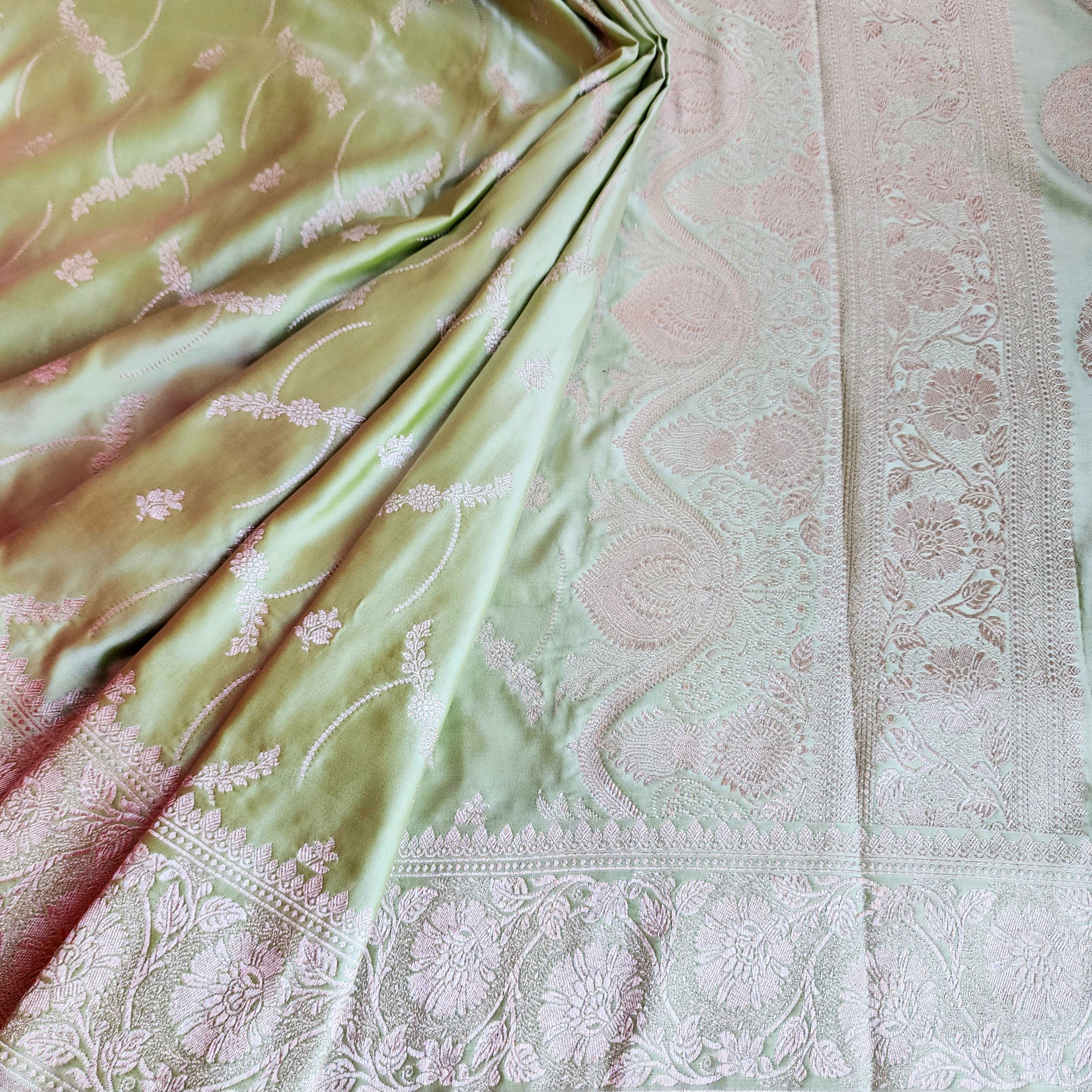 Pastel Sage Green Banarasi Katan Silk Saree with Light Gold Zari weaving