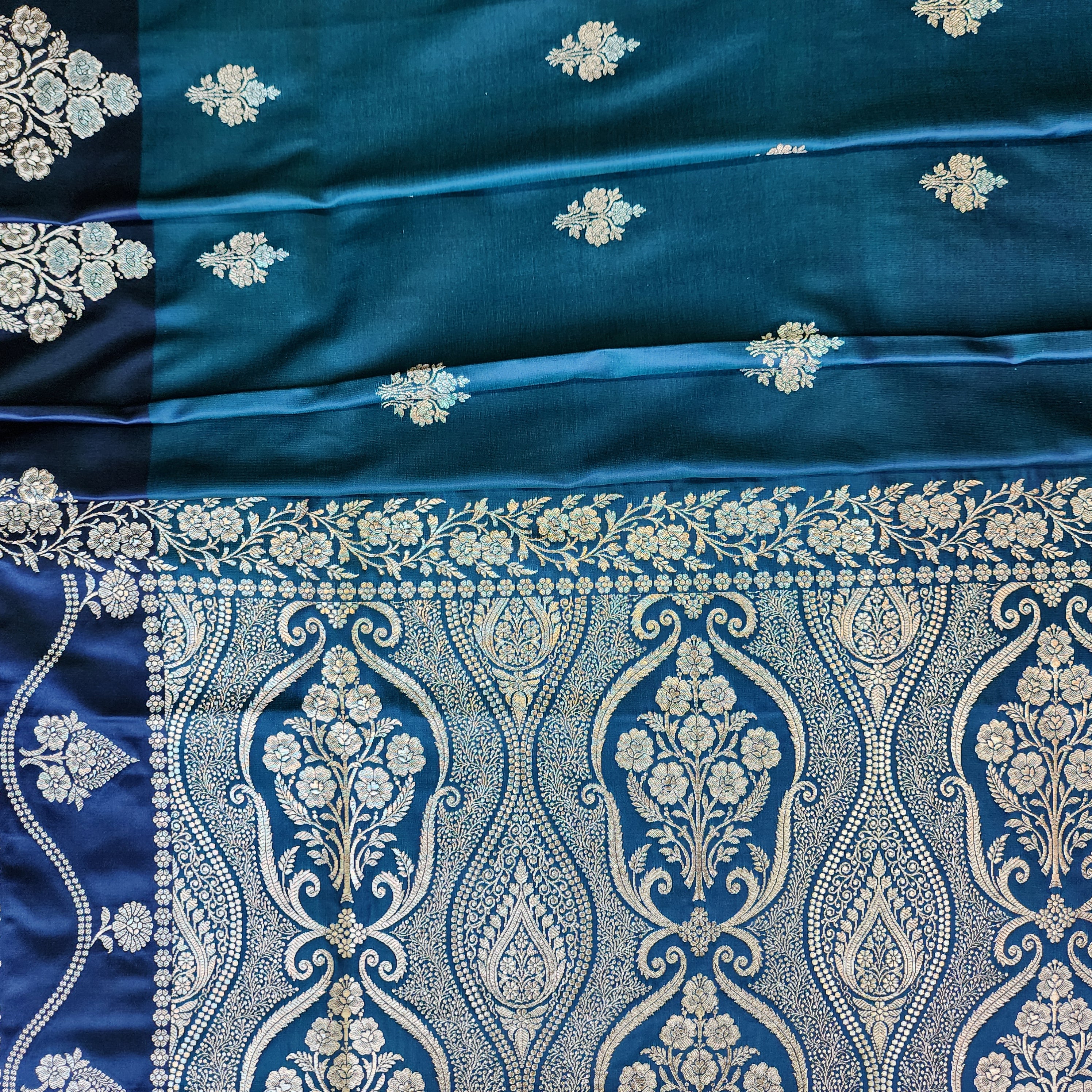 Dual-Tone Peacock Blue Pure Banarasi Katan Silk Saree