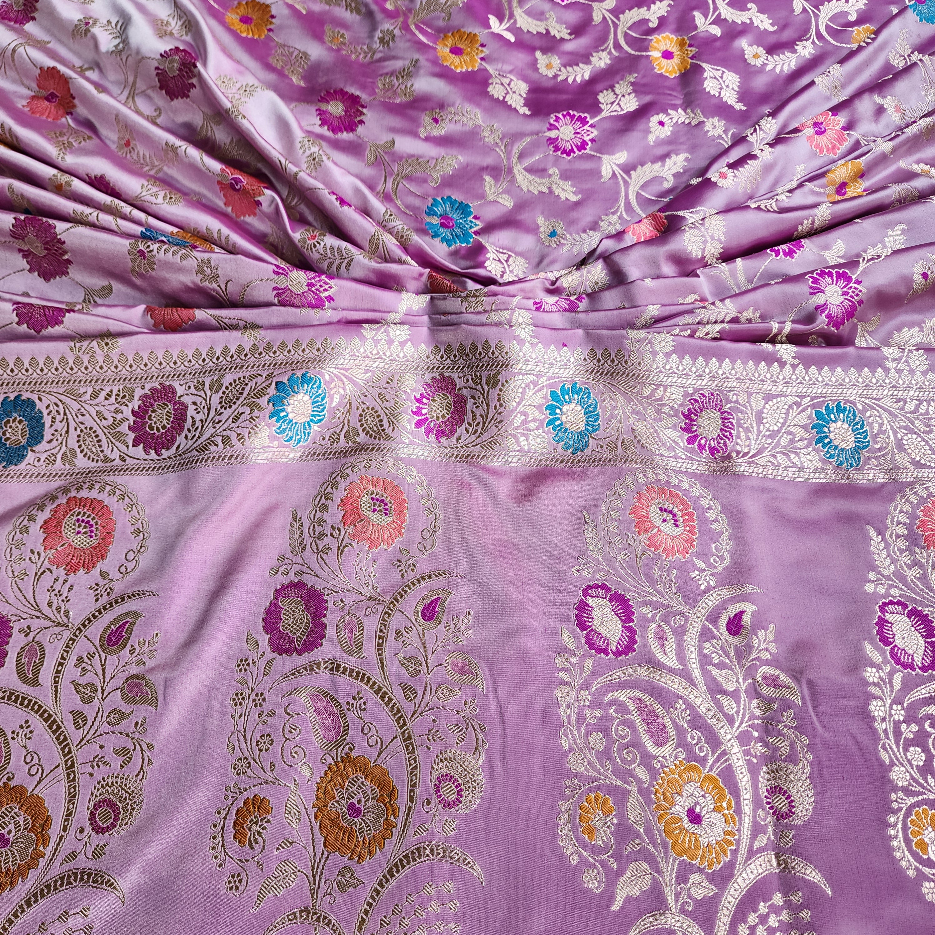 Enriched Banarasi Katan Silk Saree | Soft Lavender Pink Multicolor Meenakari Floral Jaal