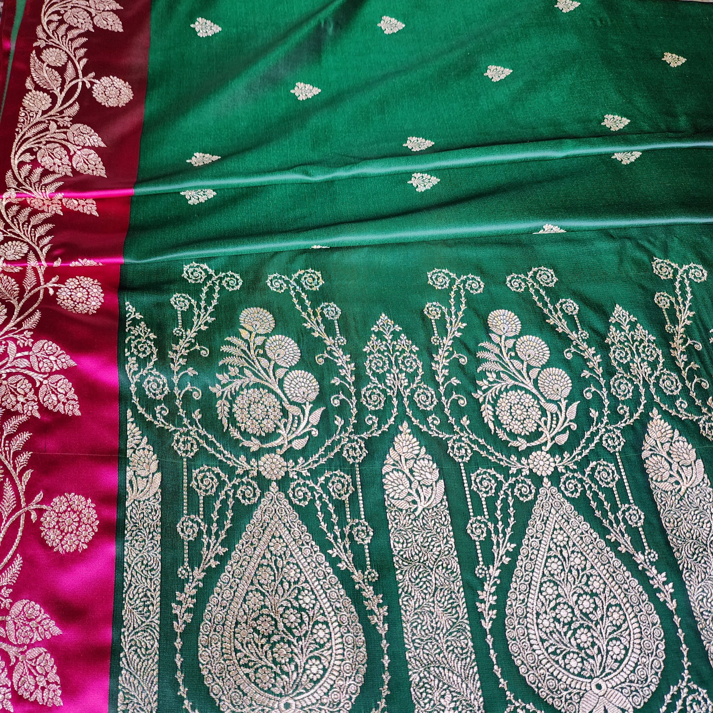 Emerald Green Pure Banarasi Katan Silk Saree with Bright Pink Border