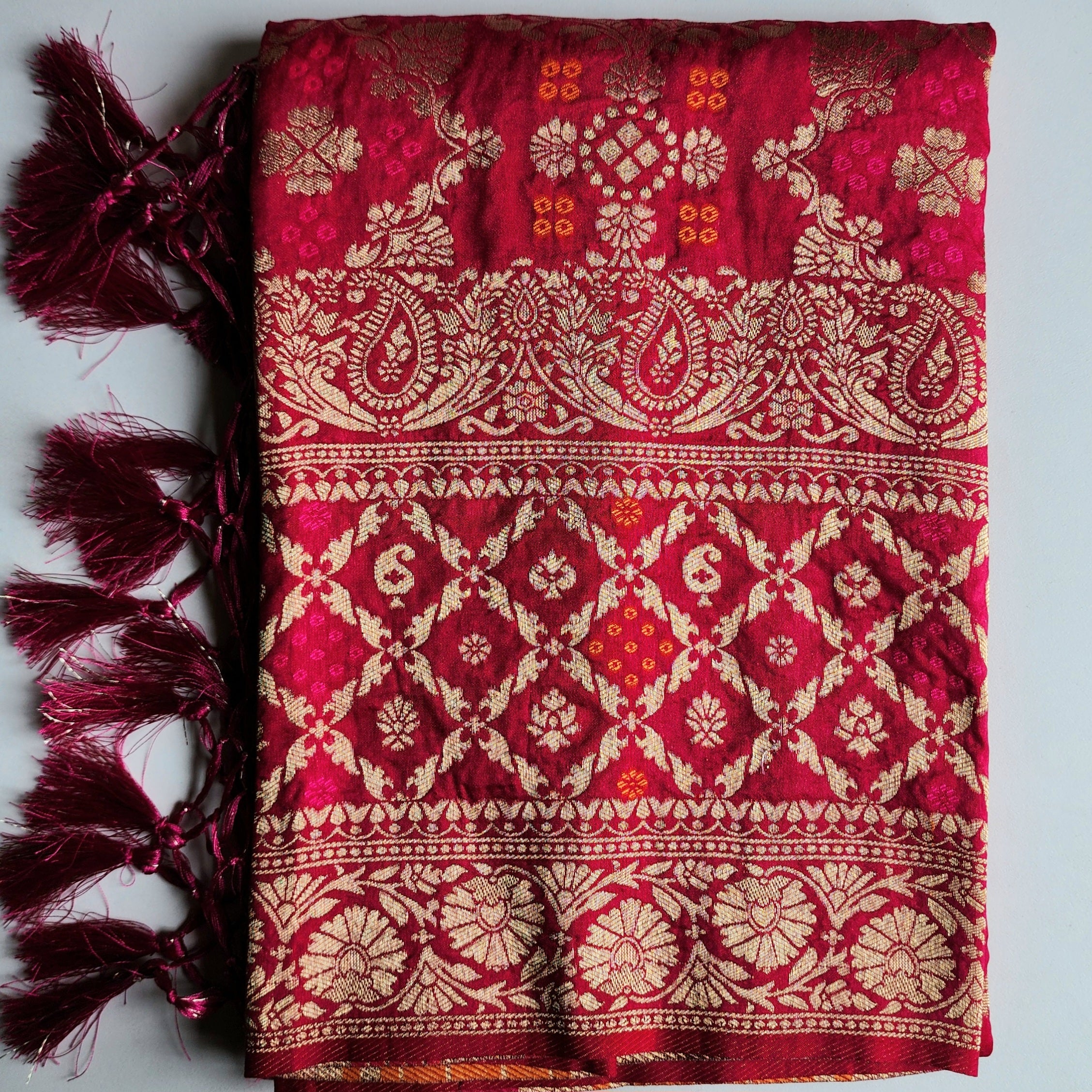 Wine Magenta Bandhani Dupatta with Floral and Geometric Zari Weave