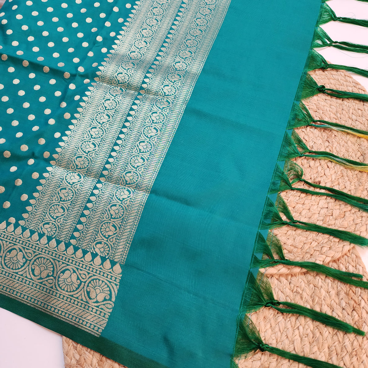 Teal Green Banarasi Silk Dupatta with Gold Polka Dot