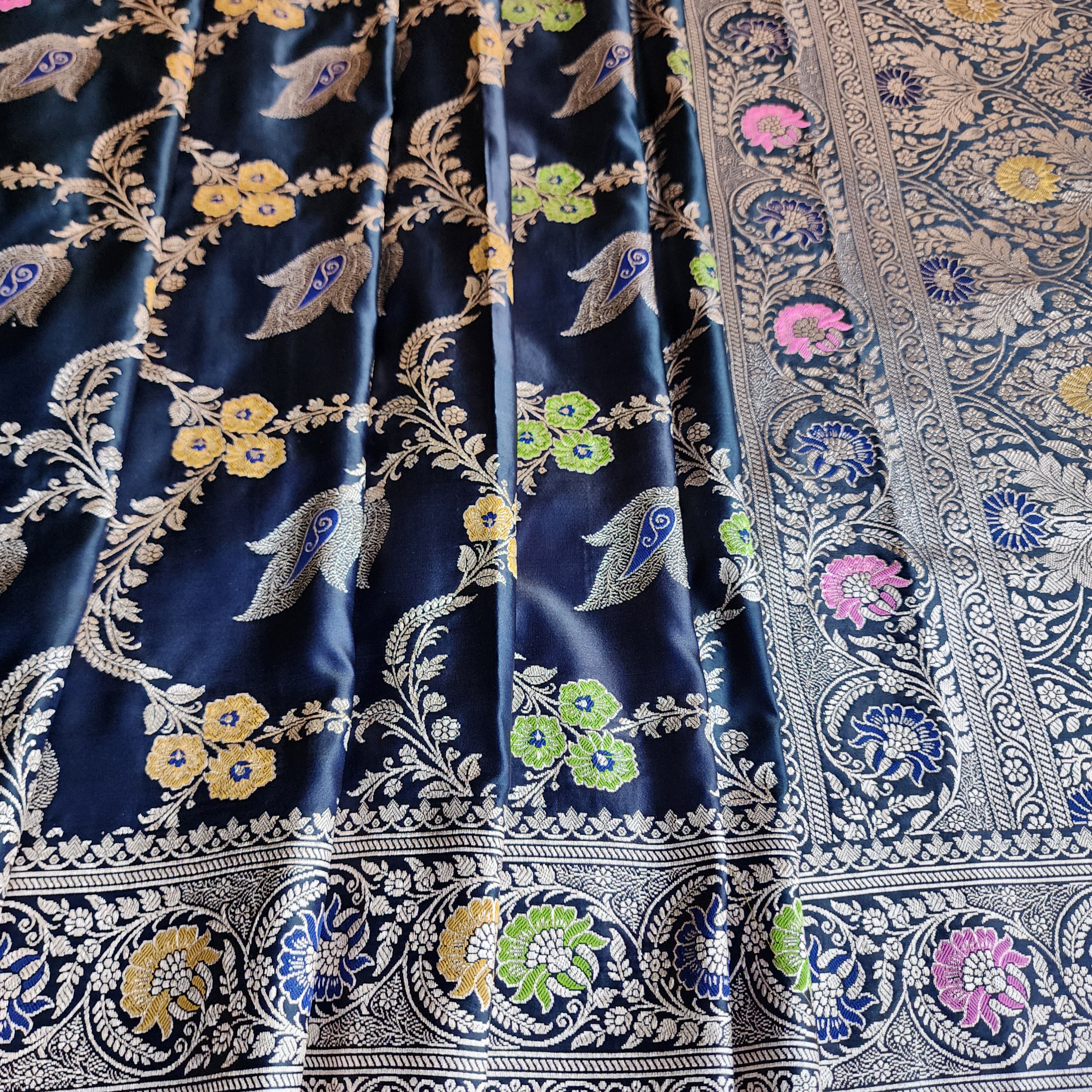 Enriched Midnight Blue Banarasi Katan Silk Saree with Multicolor Meenakari Floral Jaal
