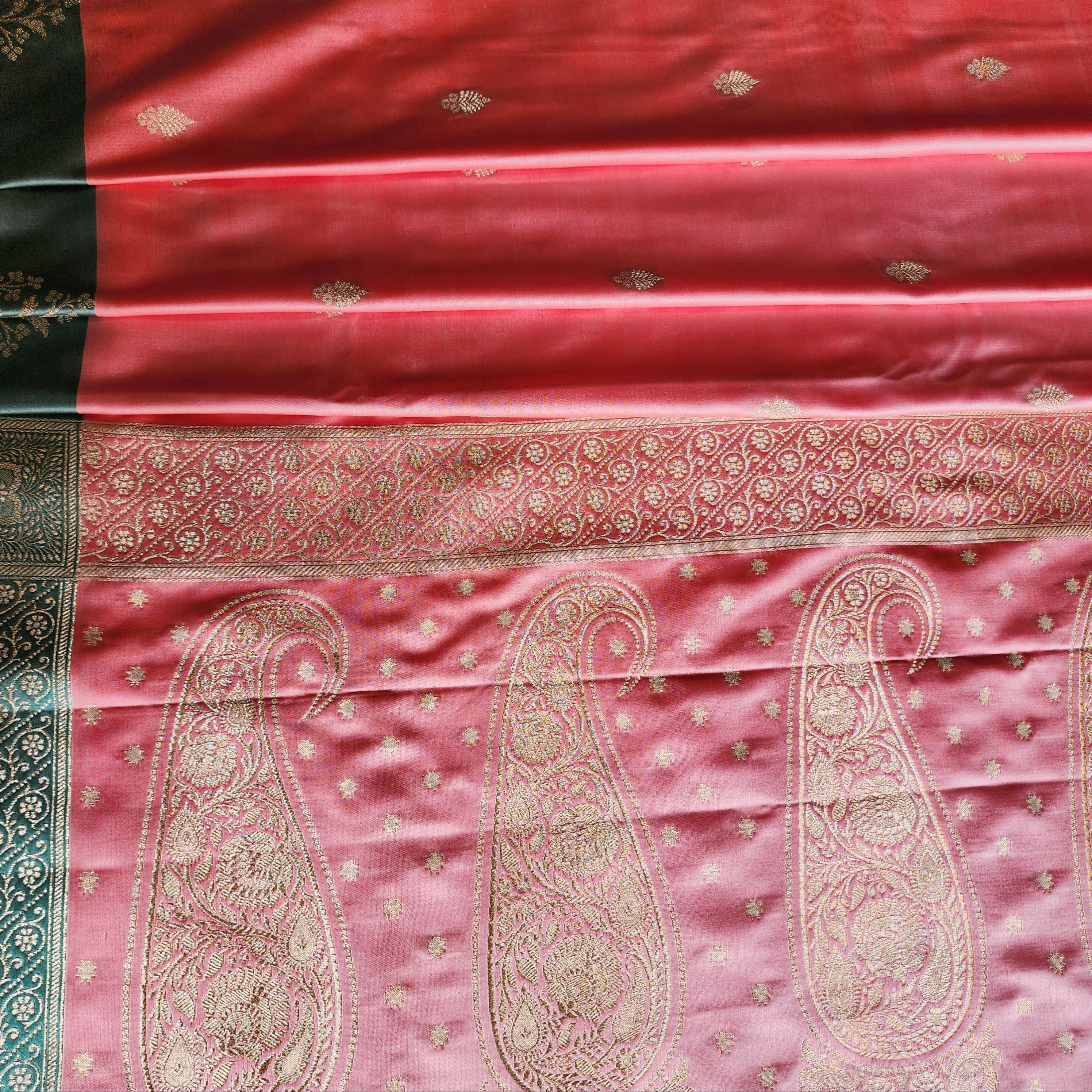 Rose Pink Katan Silk Saree with Teal Blue Gold Zari Border