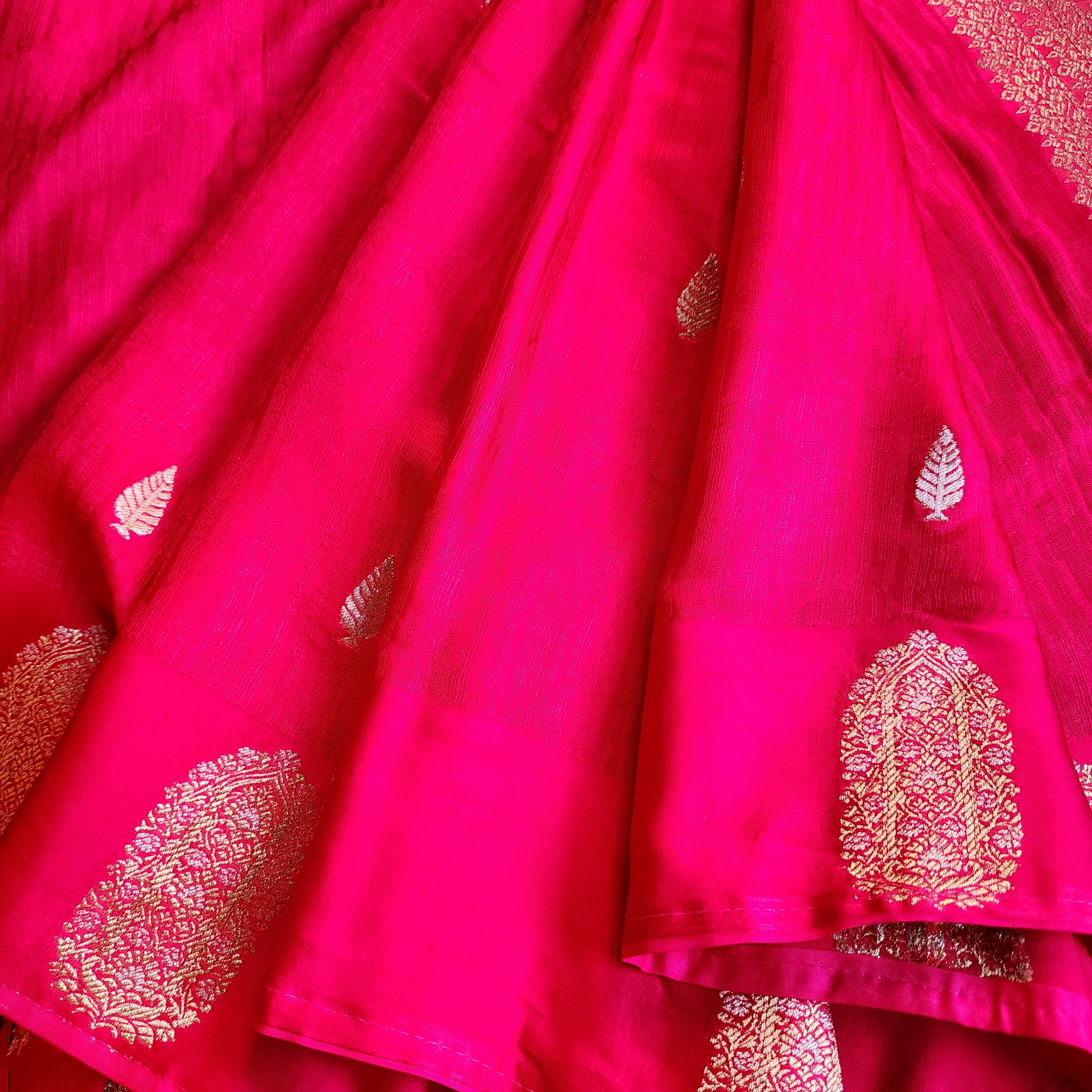 Bright Rani Pink Mashru Tanchoi Saree with Gold Zari