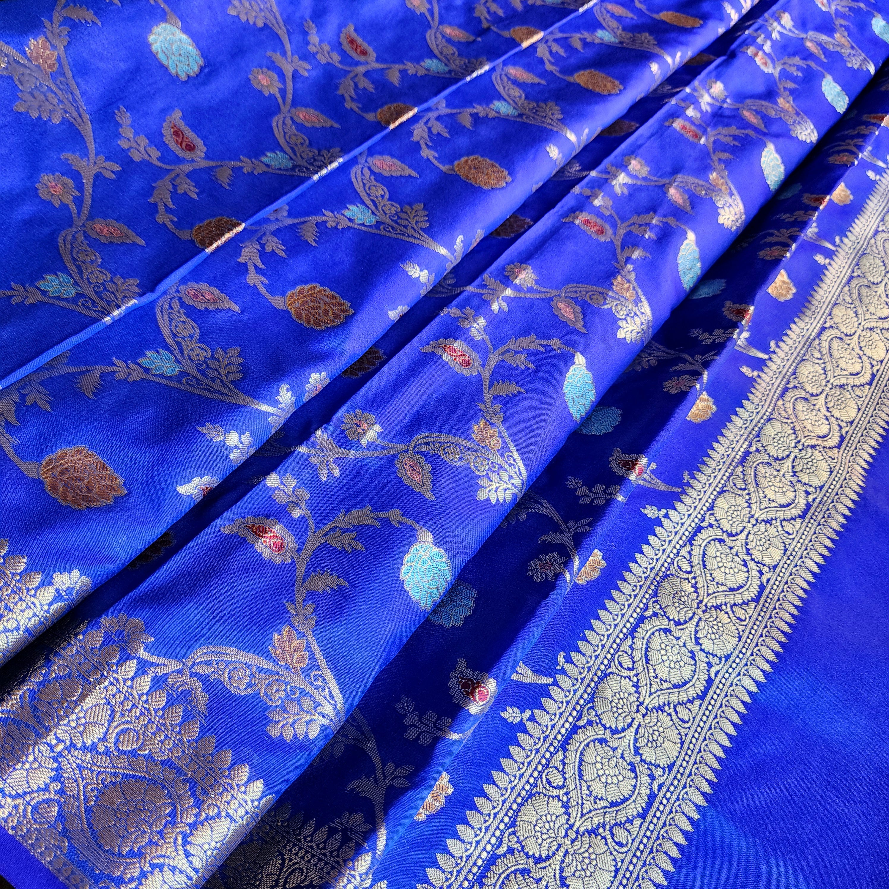 Royal Blue Banarasi Silk Dupatta with Gold Zari Border & Multicolor Meenakari Work