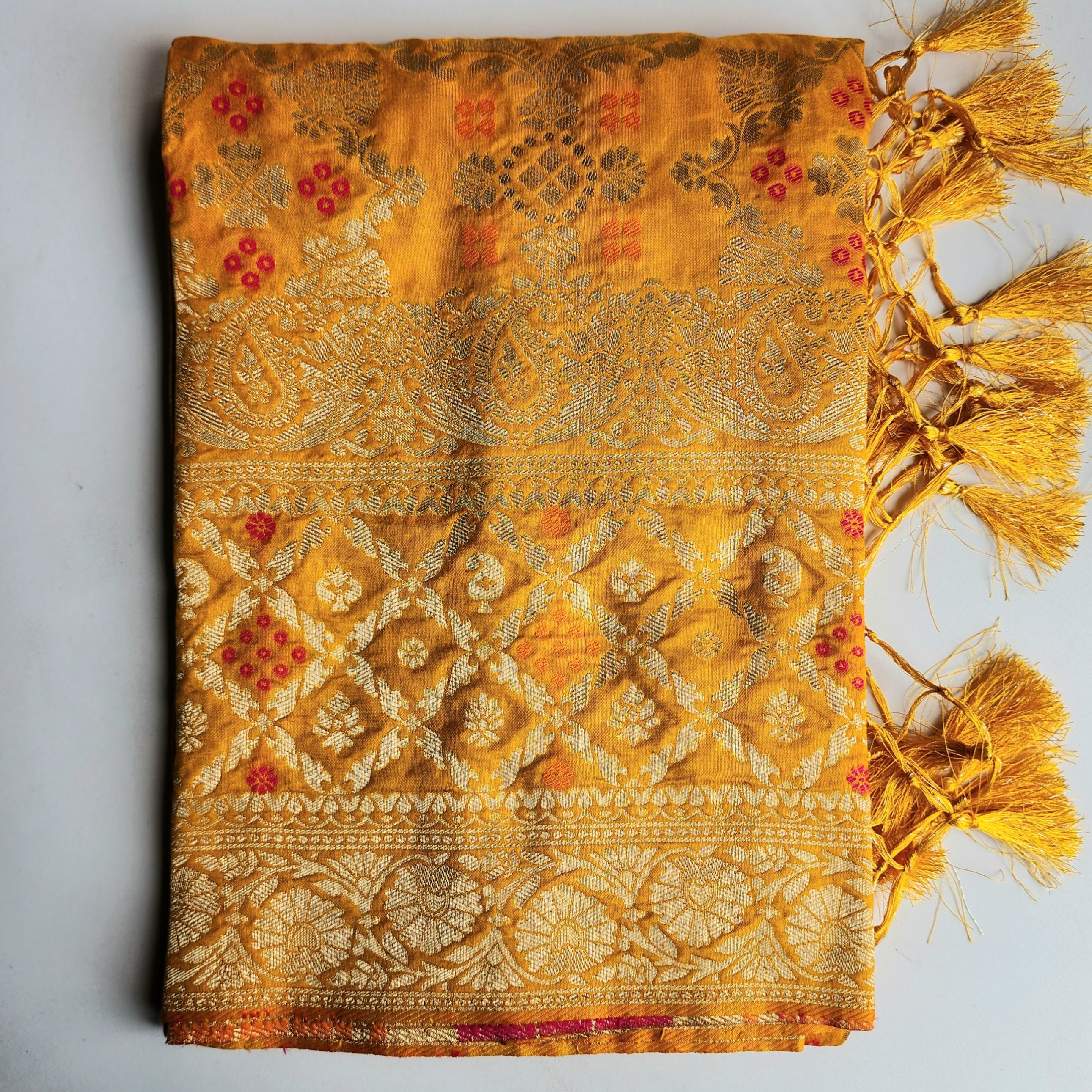 Mustard Gold Bandhani Dupatta with Floral and Geometric Zari Weave